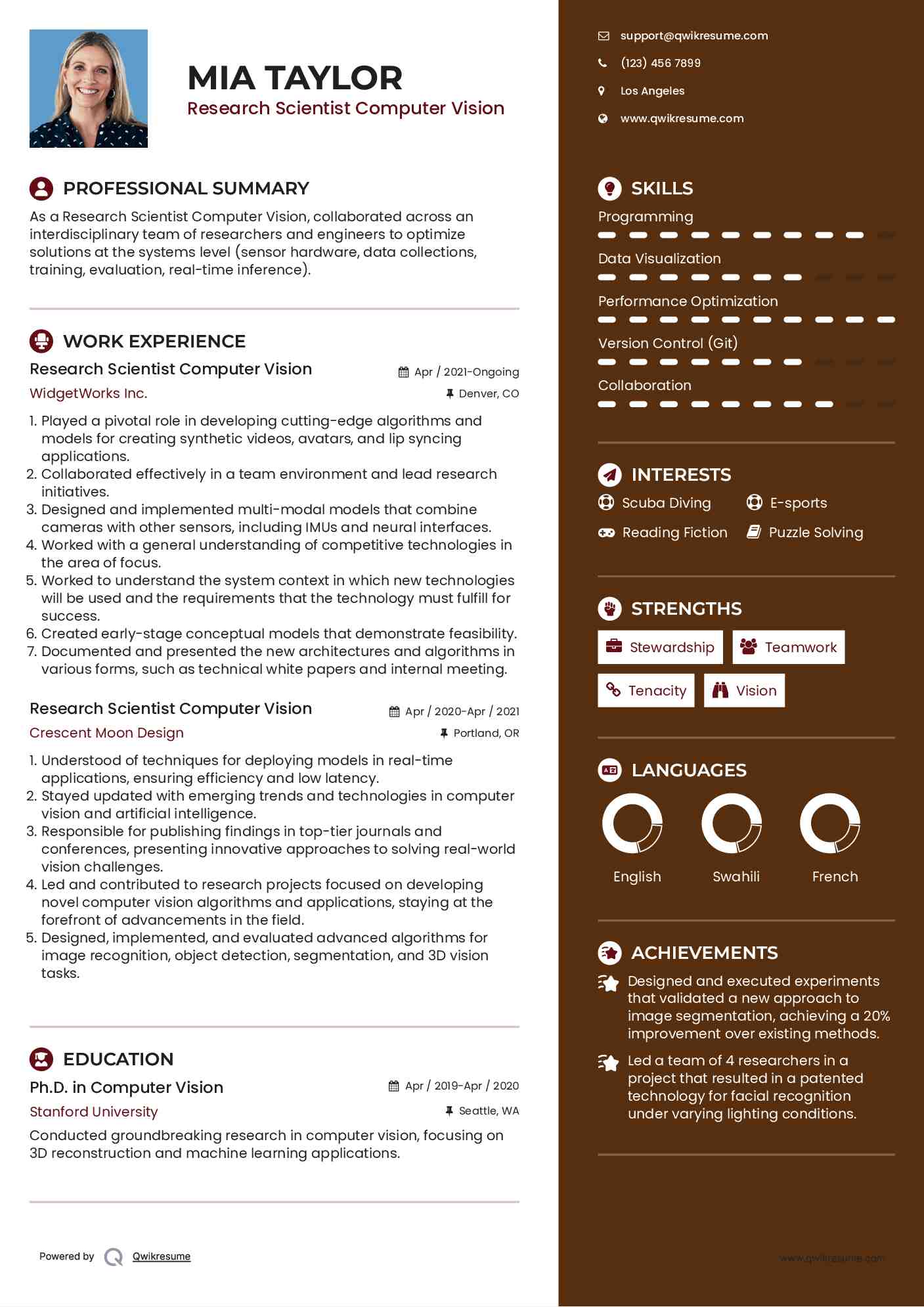 Research Scientist Computer Vision Resume Template