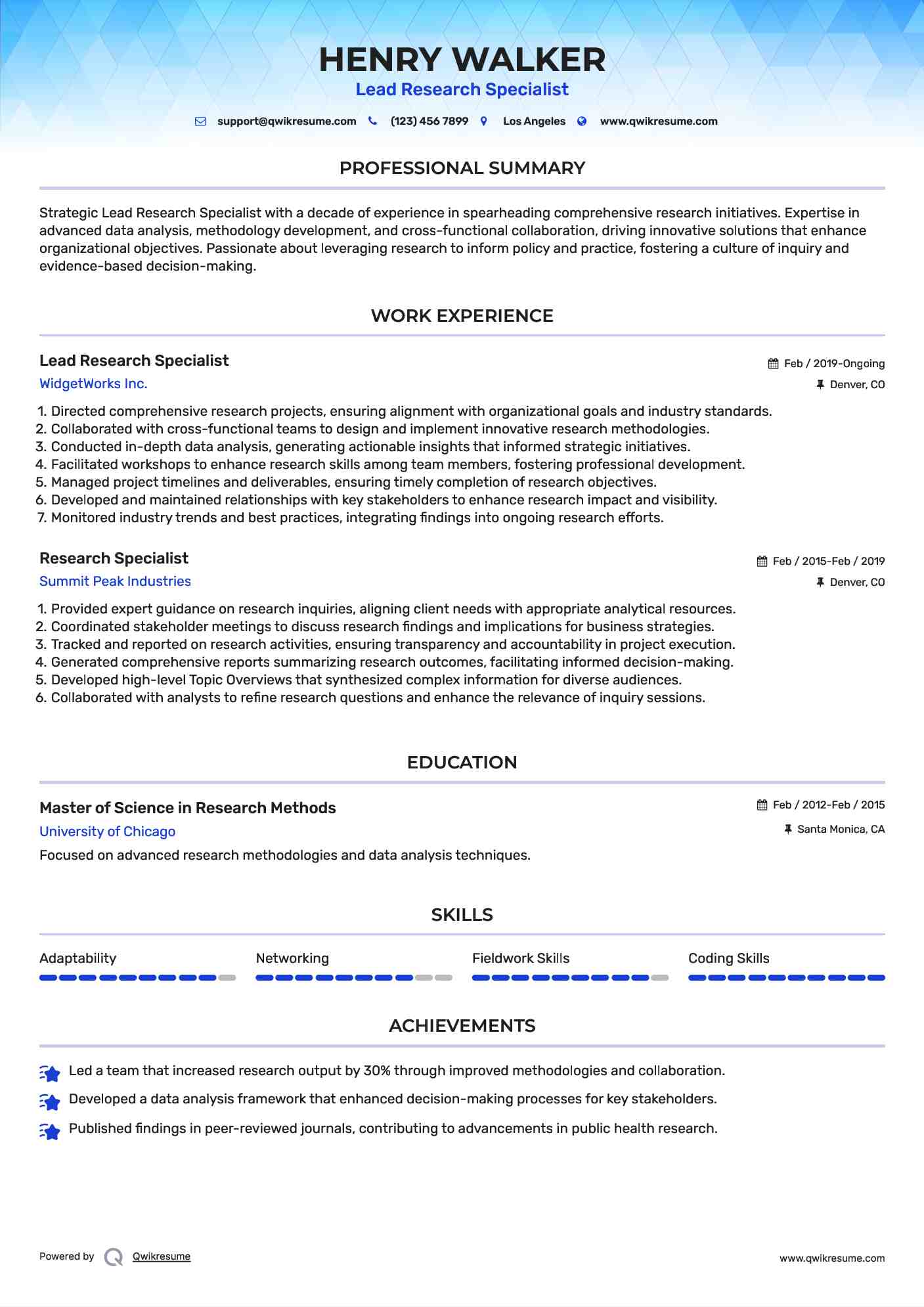 Lead Research Specialist Resume Model
