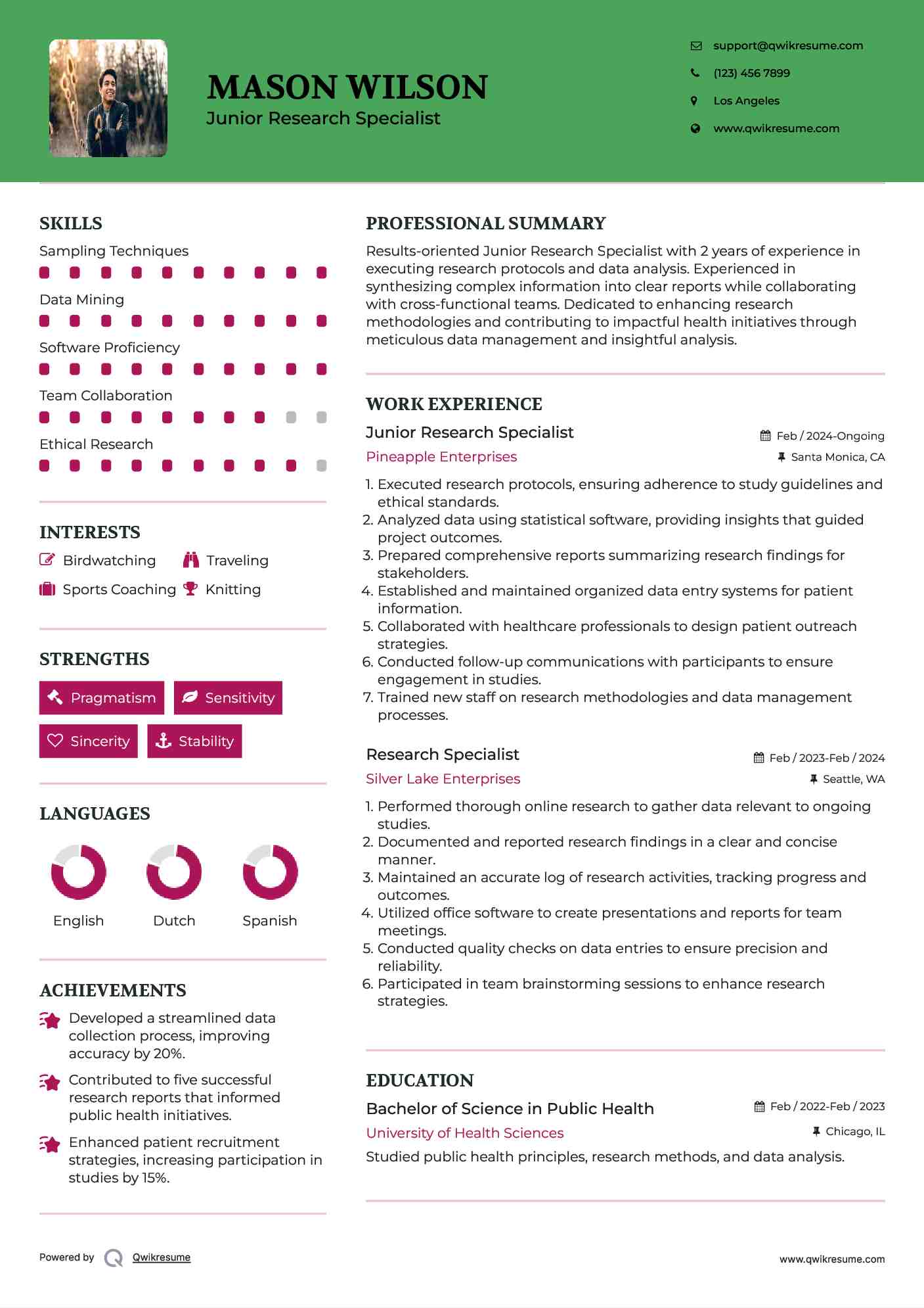Junior Research Specialist Resume Example