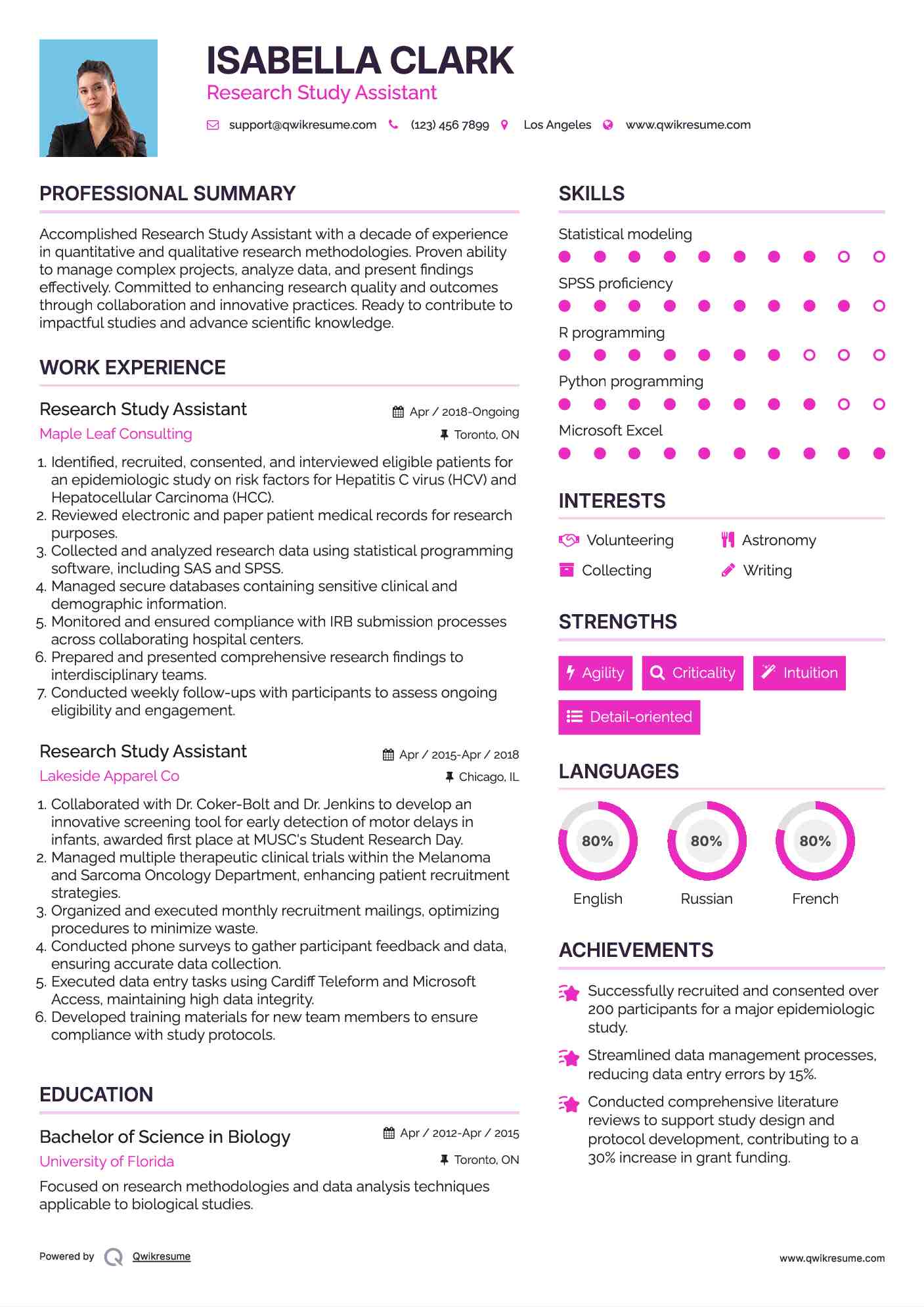 Research Study Assistant Resume Template