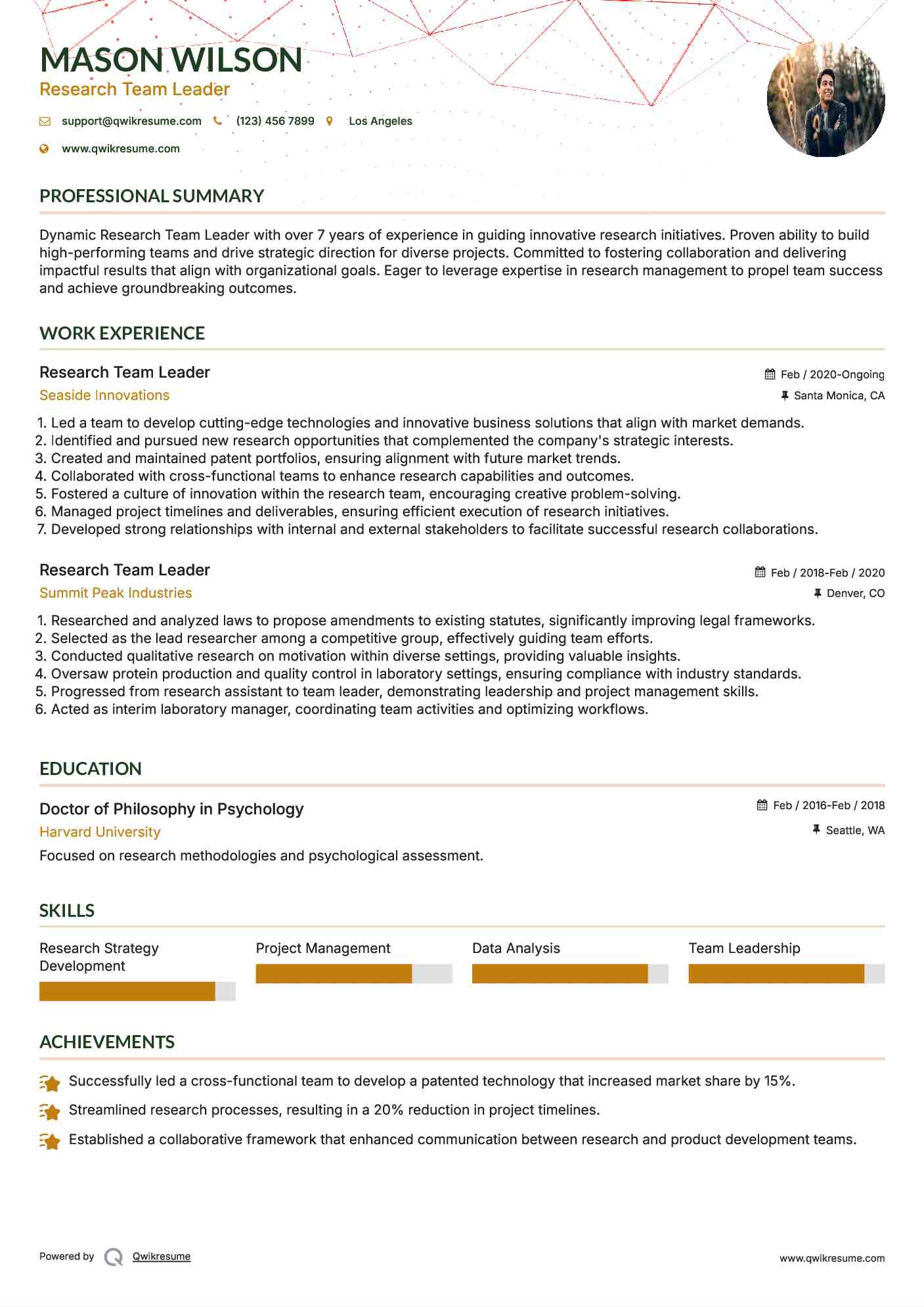 Research Team Leader Resume Format