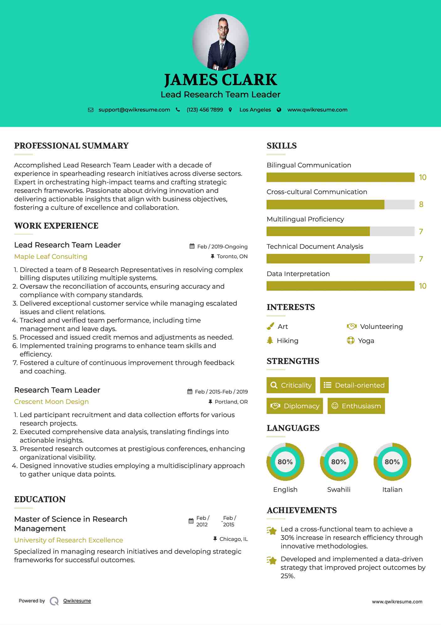 Lead Research Team Leader Resume Sample