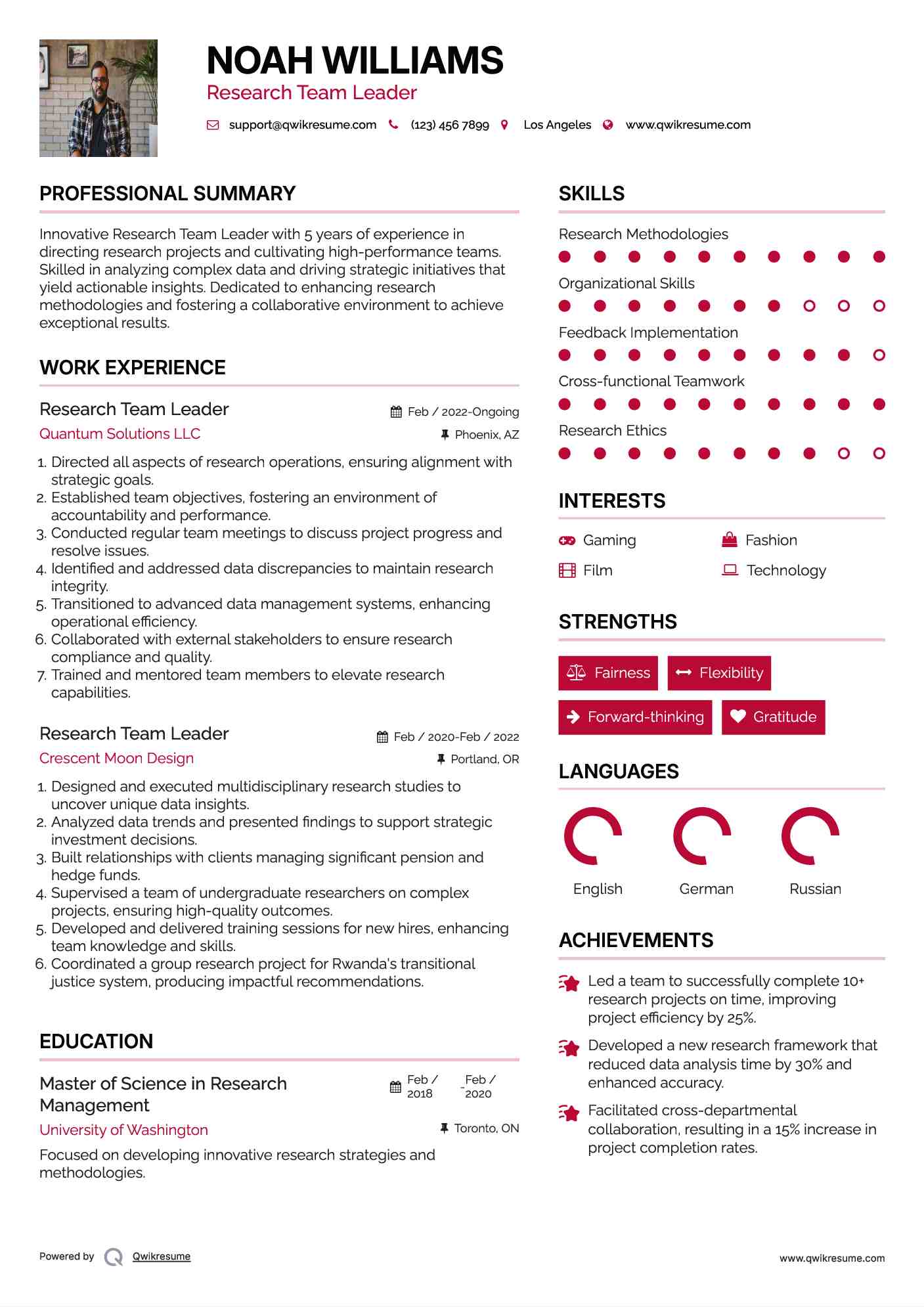 Research Team Leader Resume Template