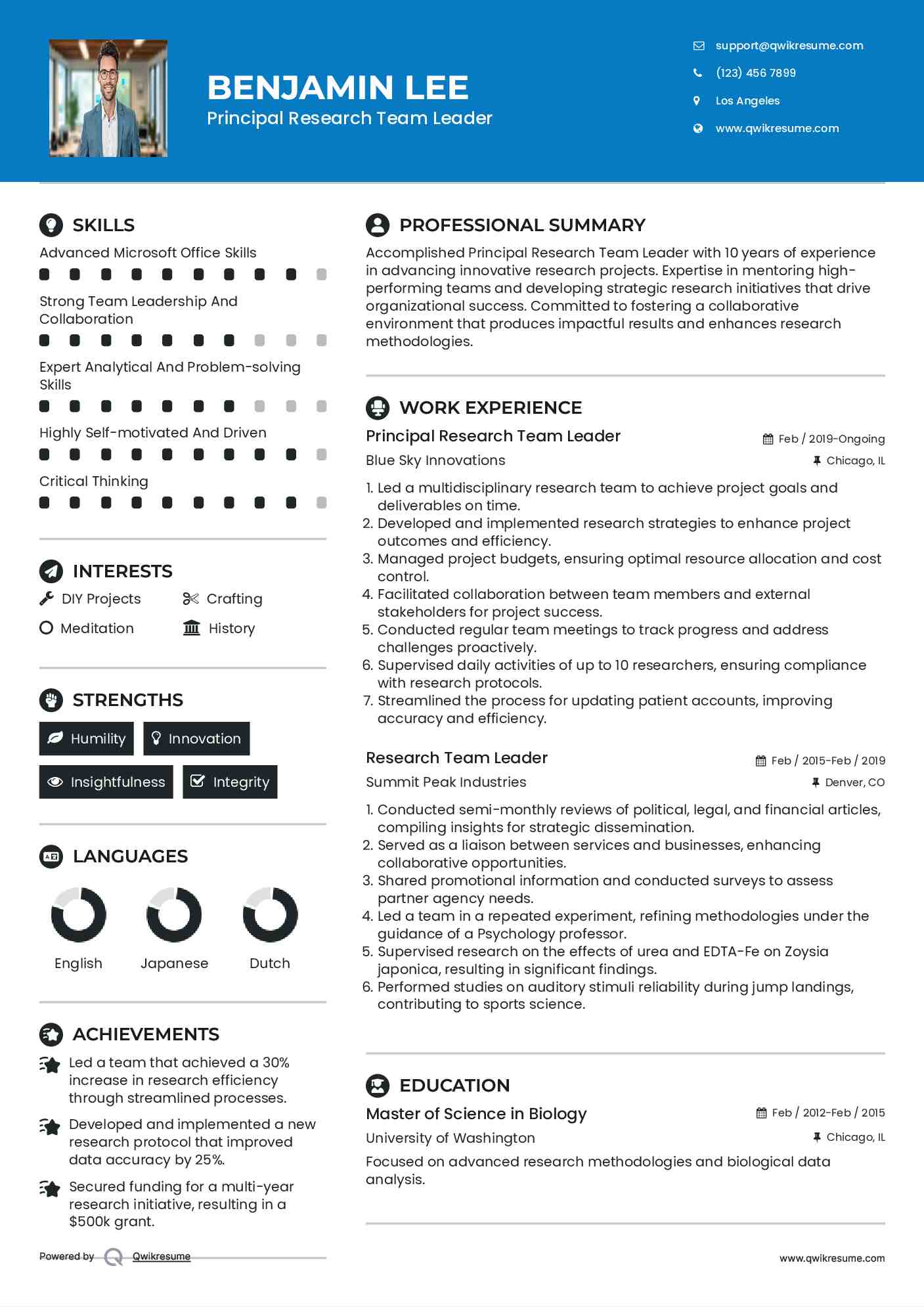 Principal Research Team Leader Resume Format