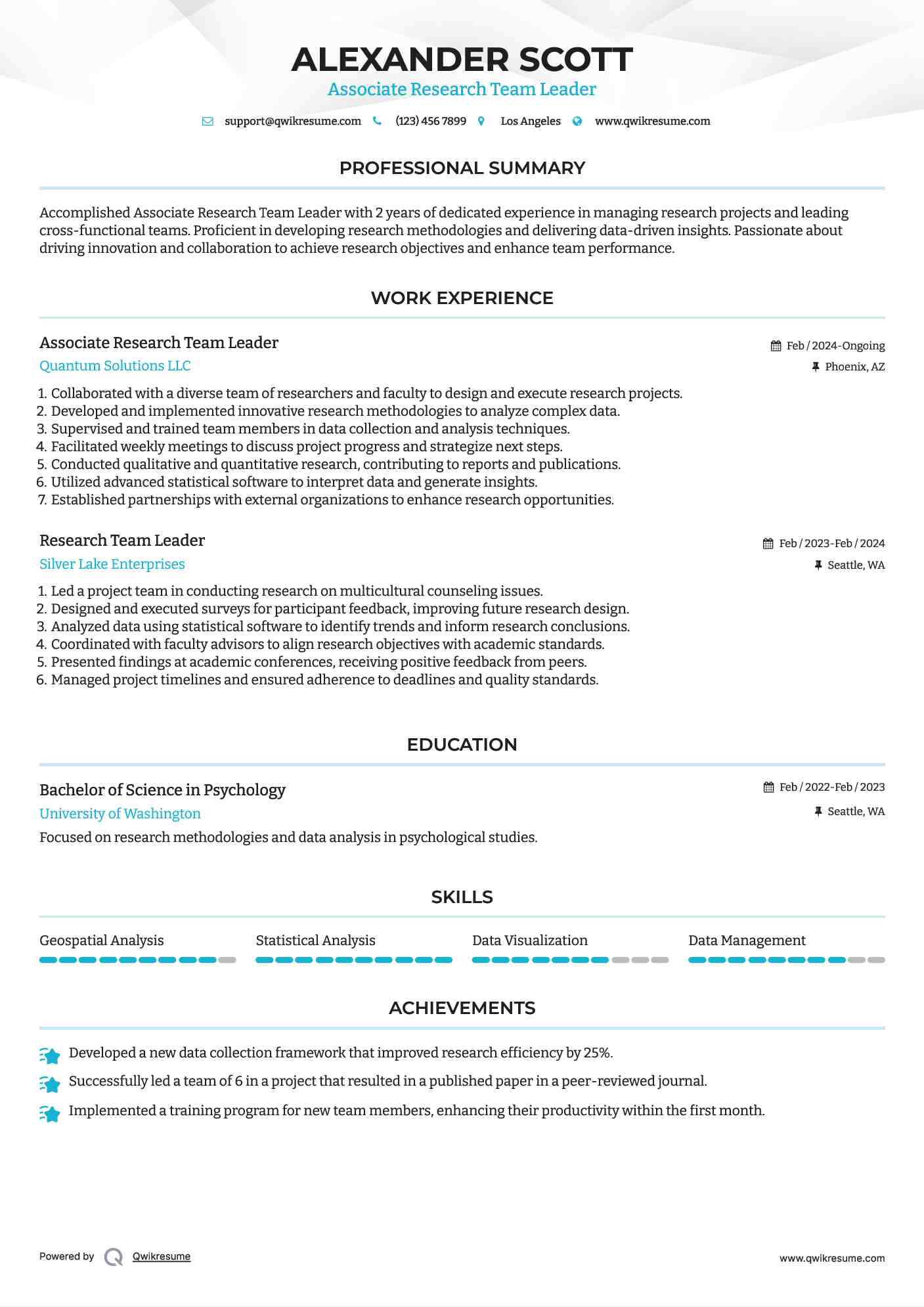 Associate Research Team Leader Resume Model