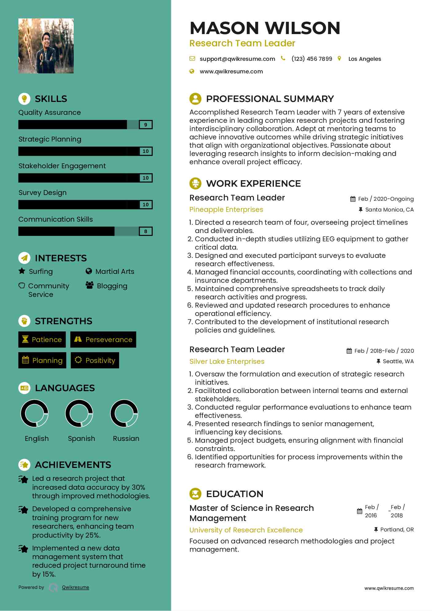 Research Team Leader Resume Example