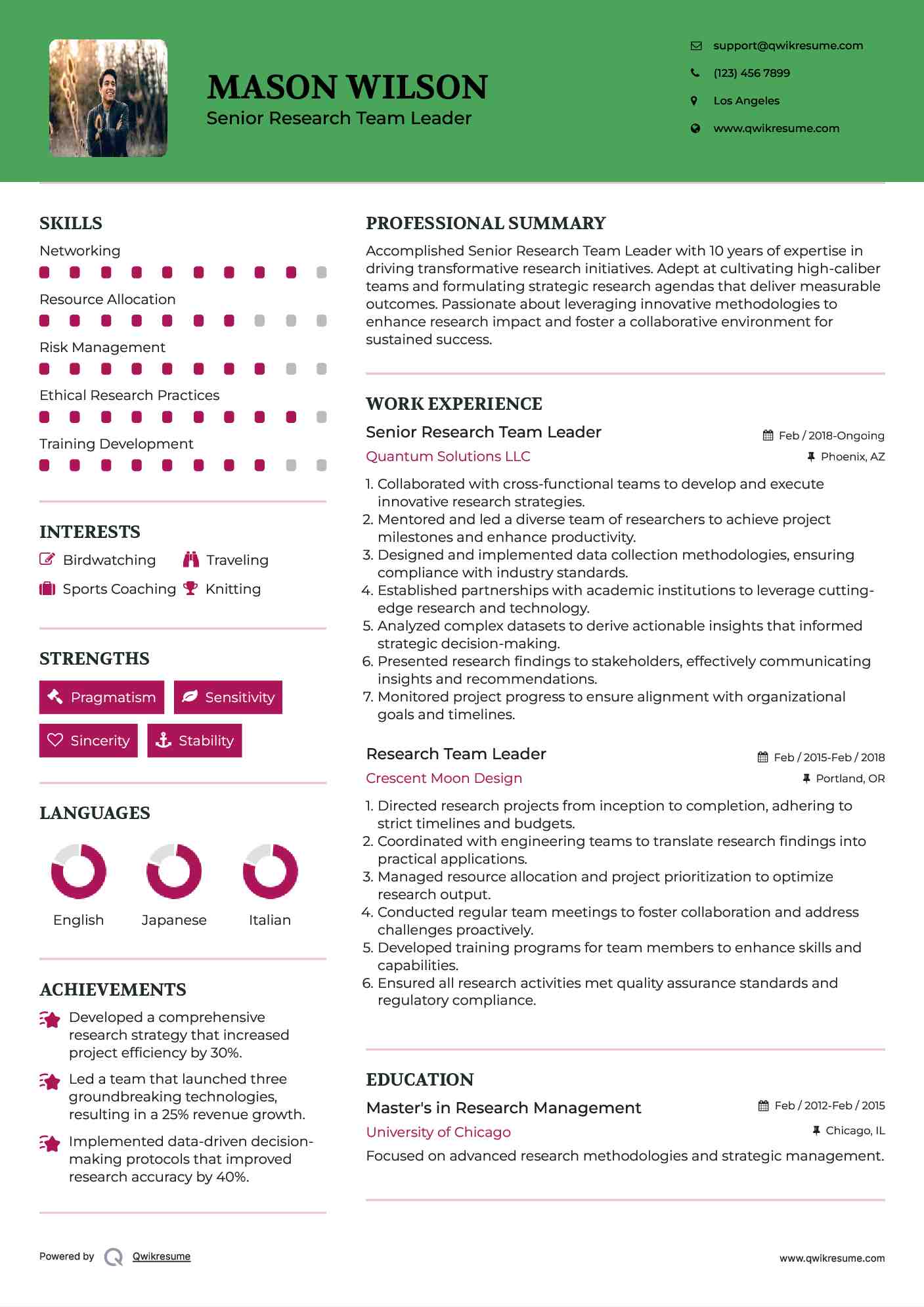 Senior Research Team Leader Resume Sample
