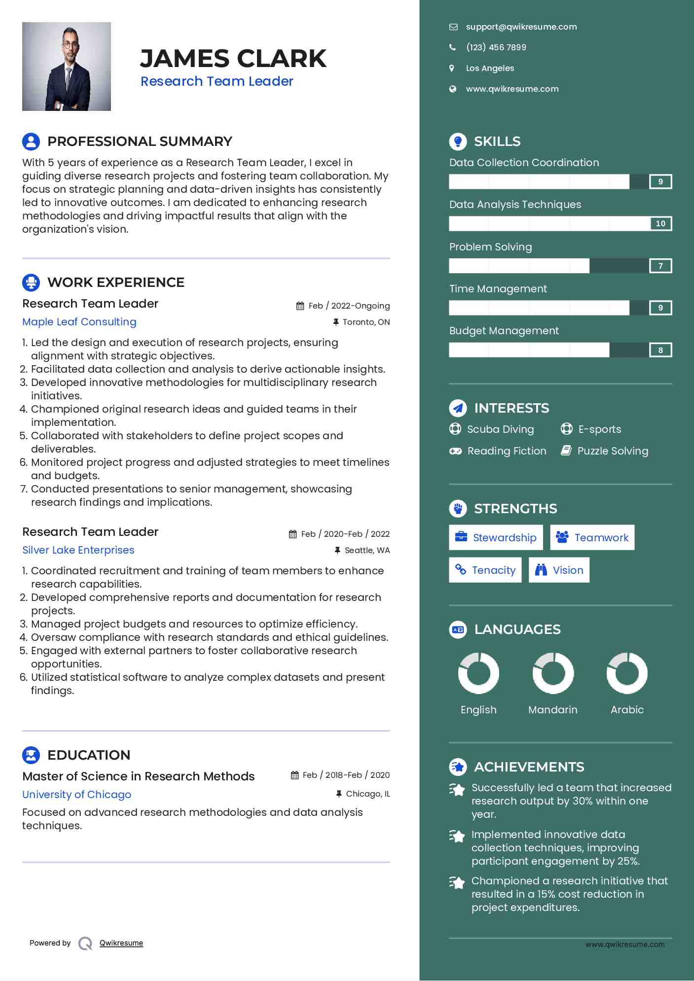 Research Team Leader Resume Sample
