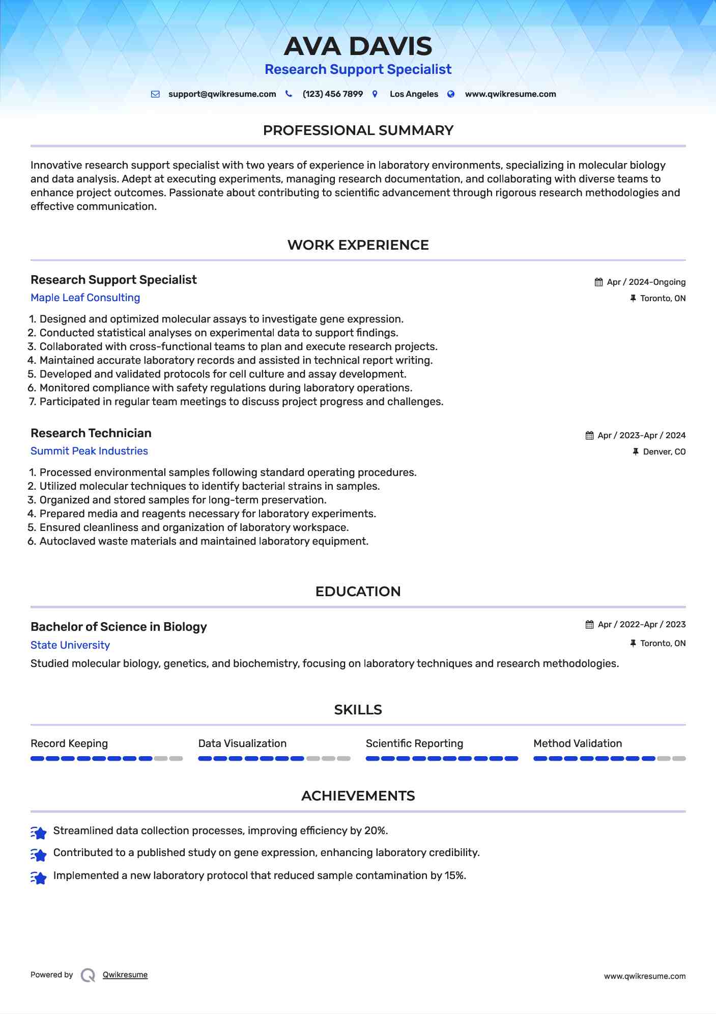 Research Support Specialist Resume Sample
