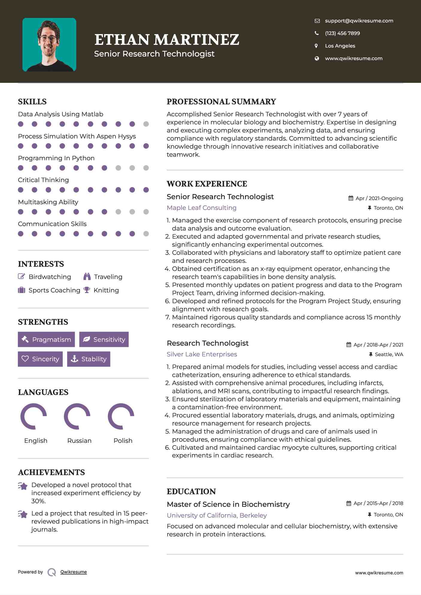 Senior Research Technologist Resume Example