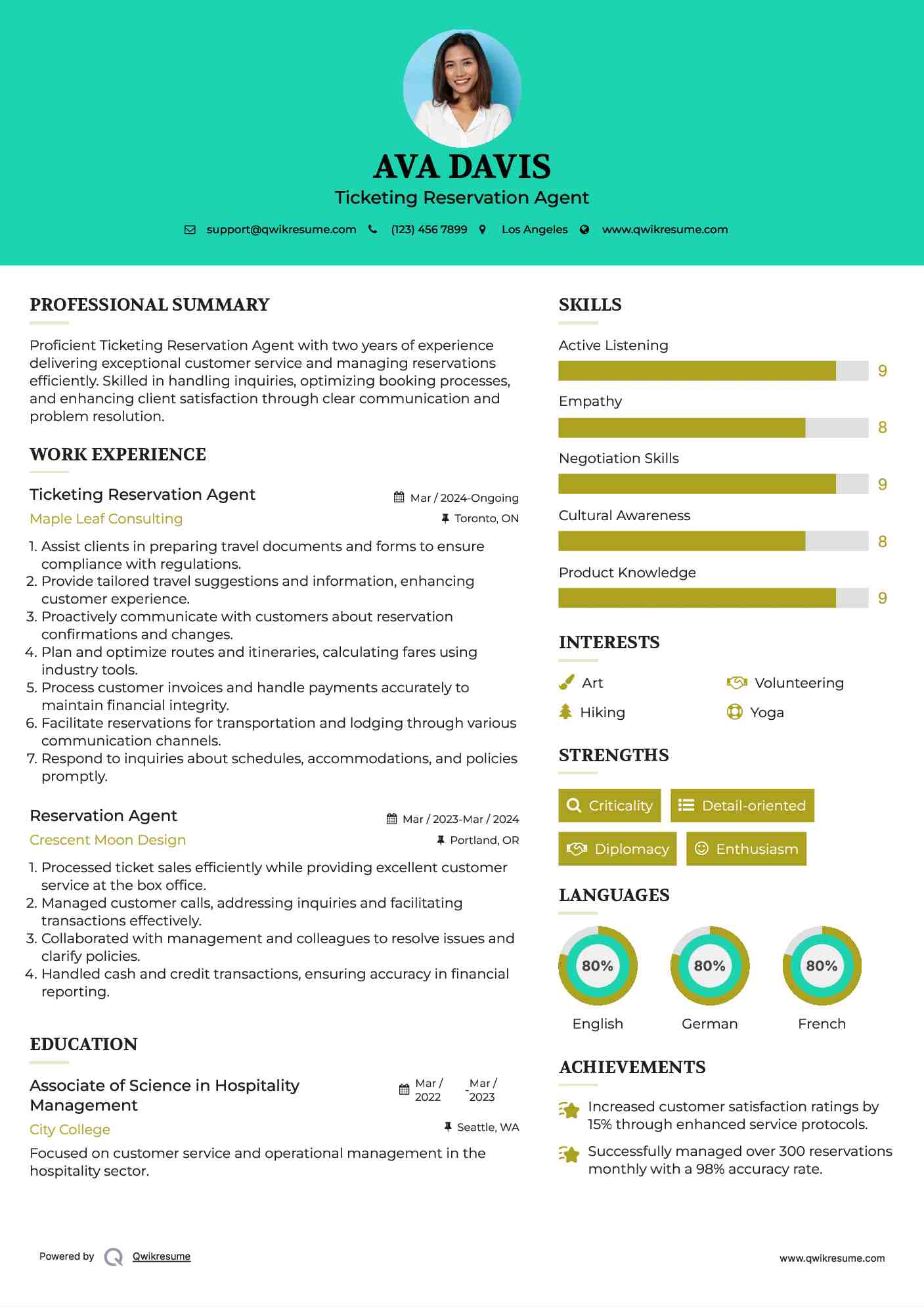 Ticketing Reservation Agent Resume Sample