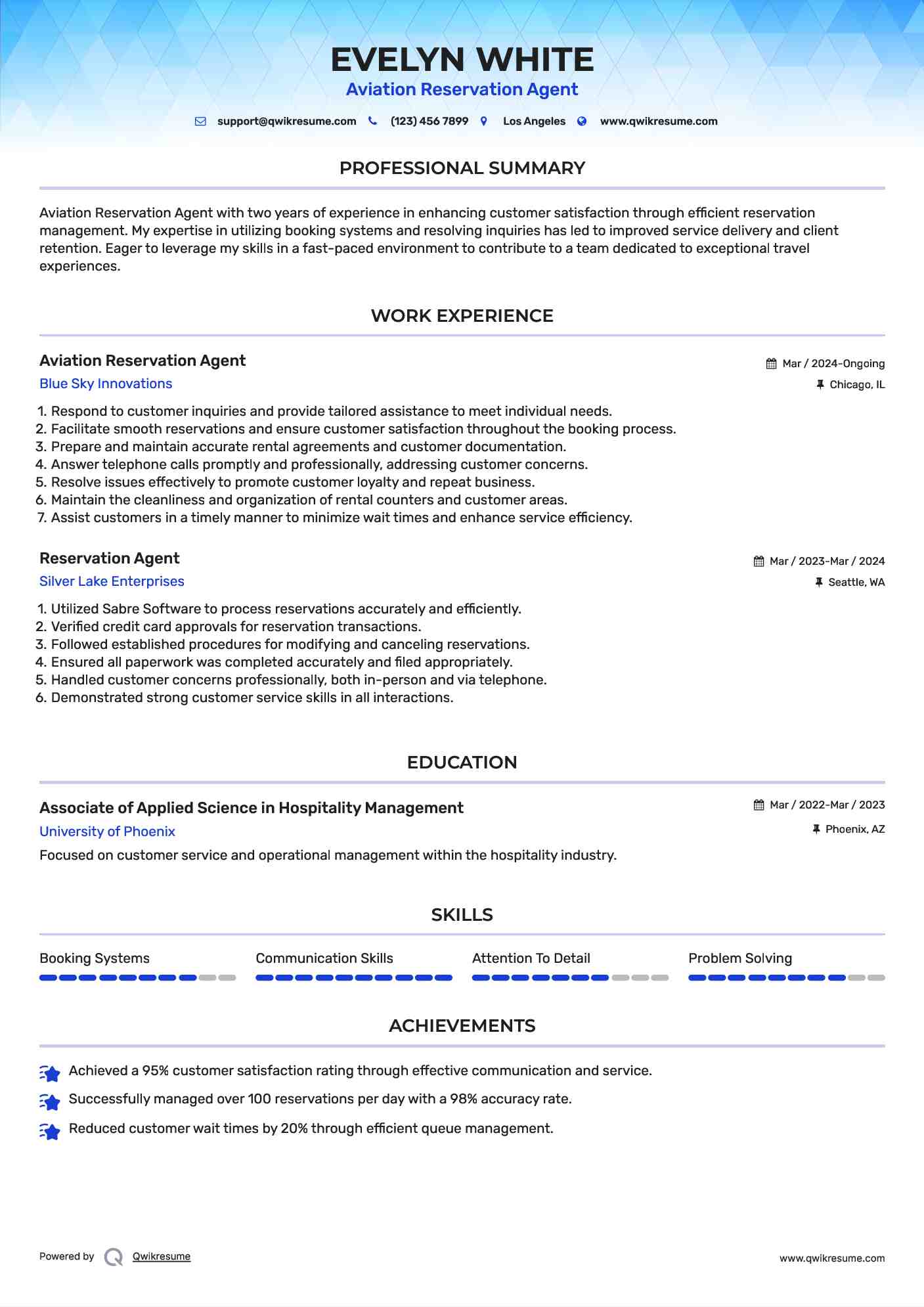 Aviation Reservation Agent Resume Sample