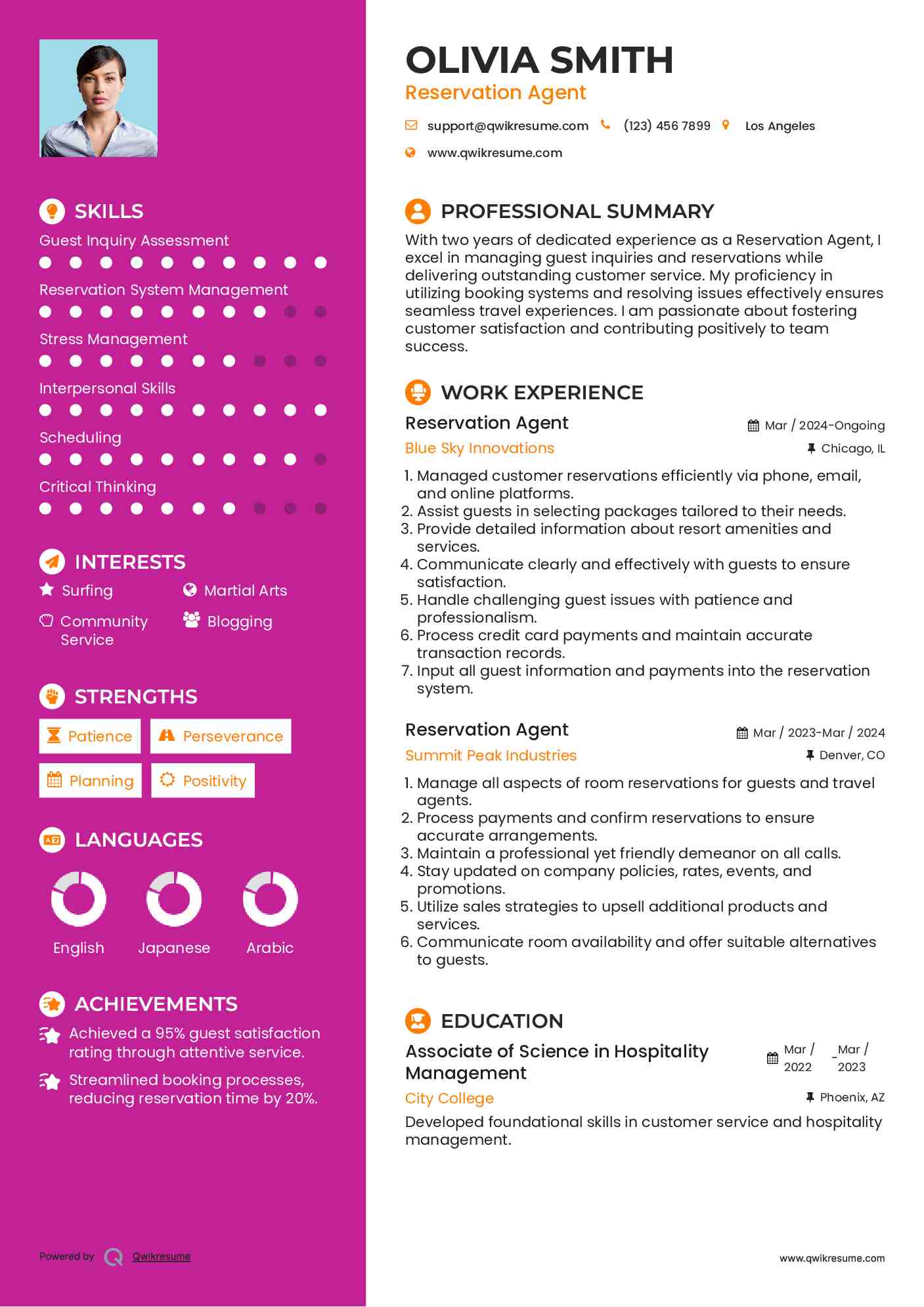 Reservation Agent Resume Sample