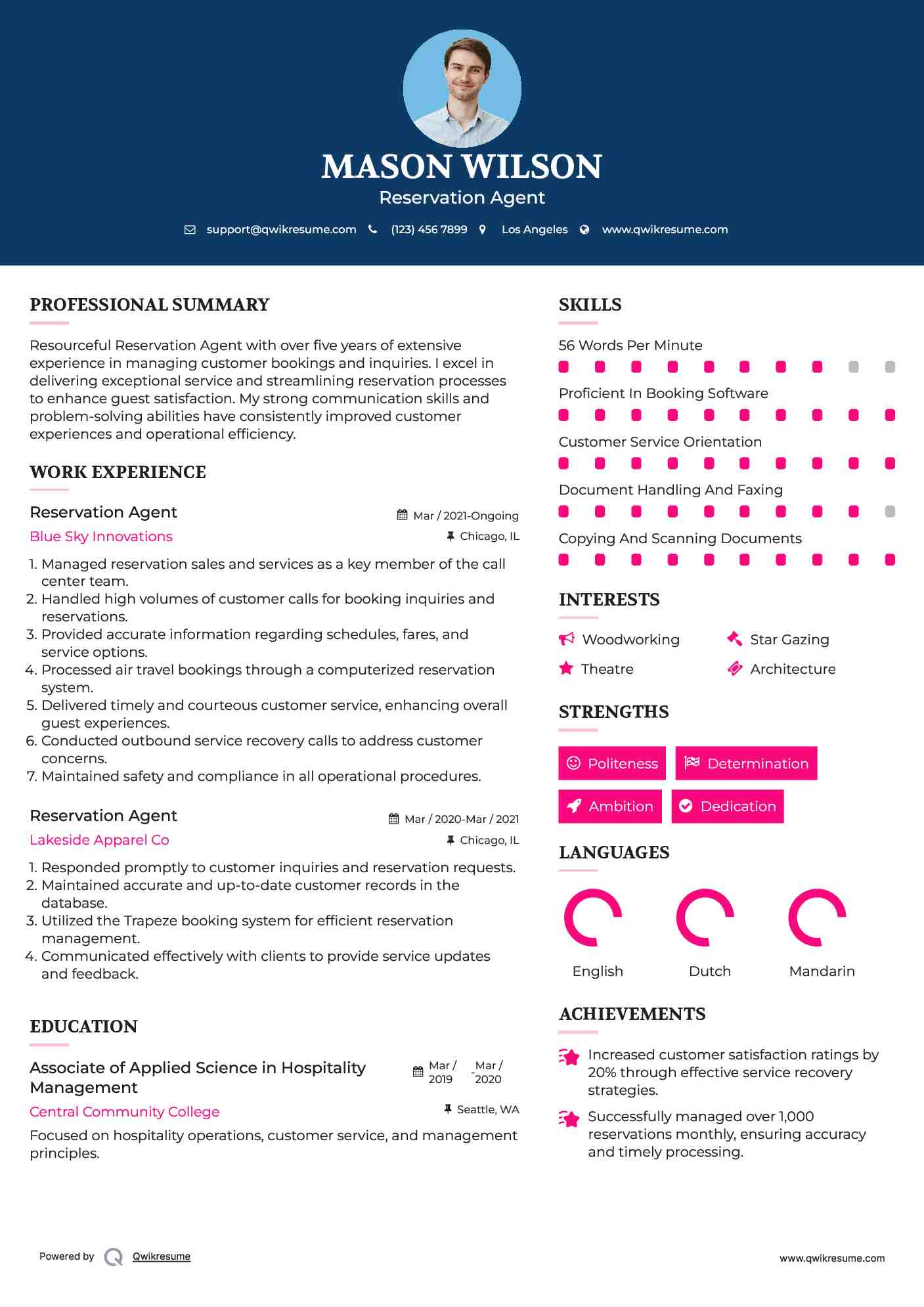 Reservation Agent Resume Format