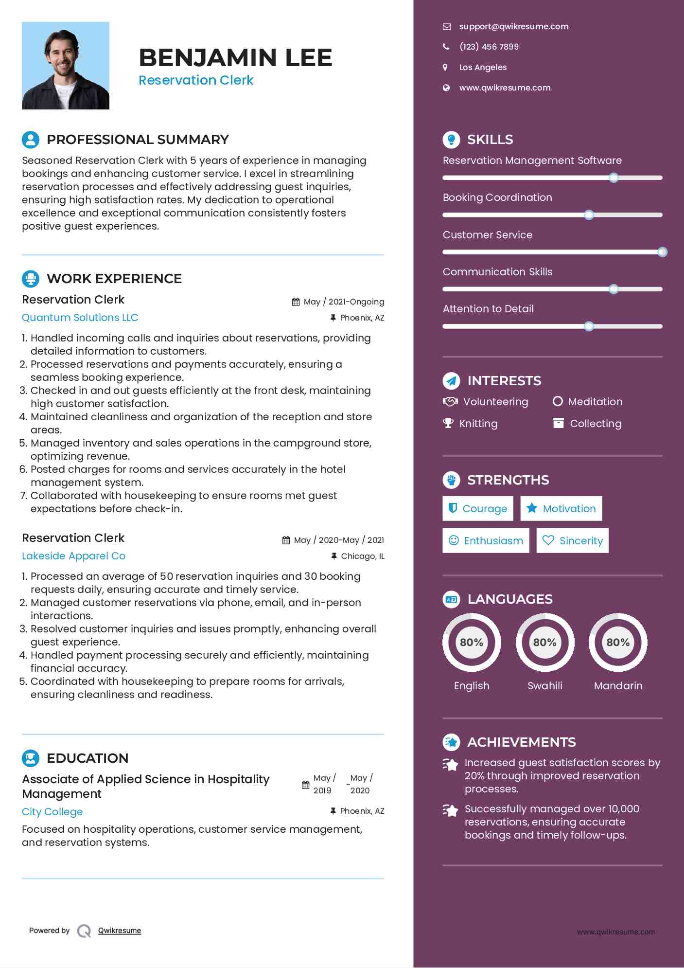 Reservation Clerk Resume Sample