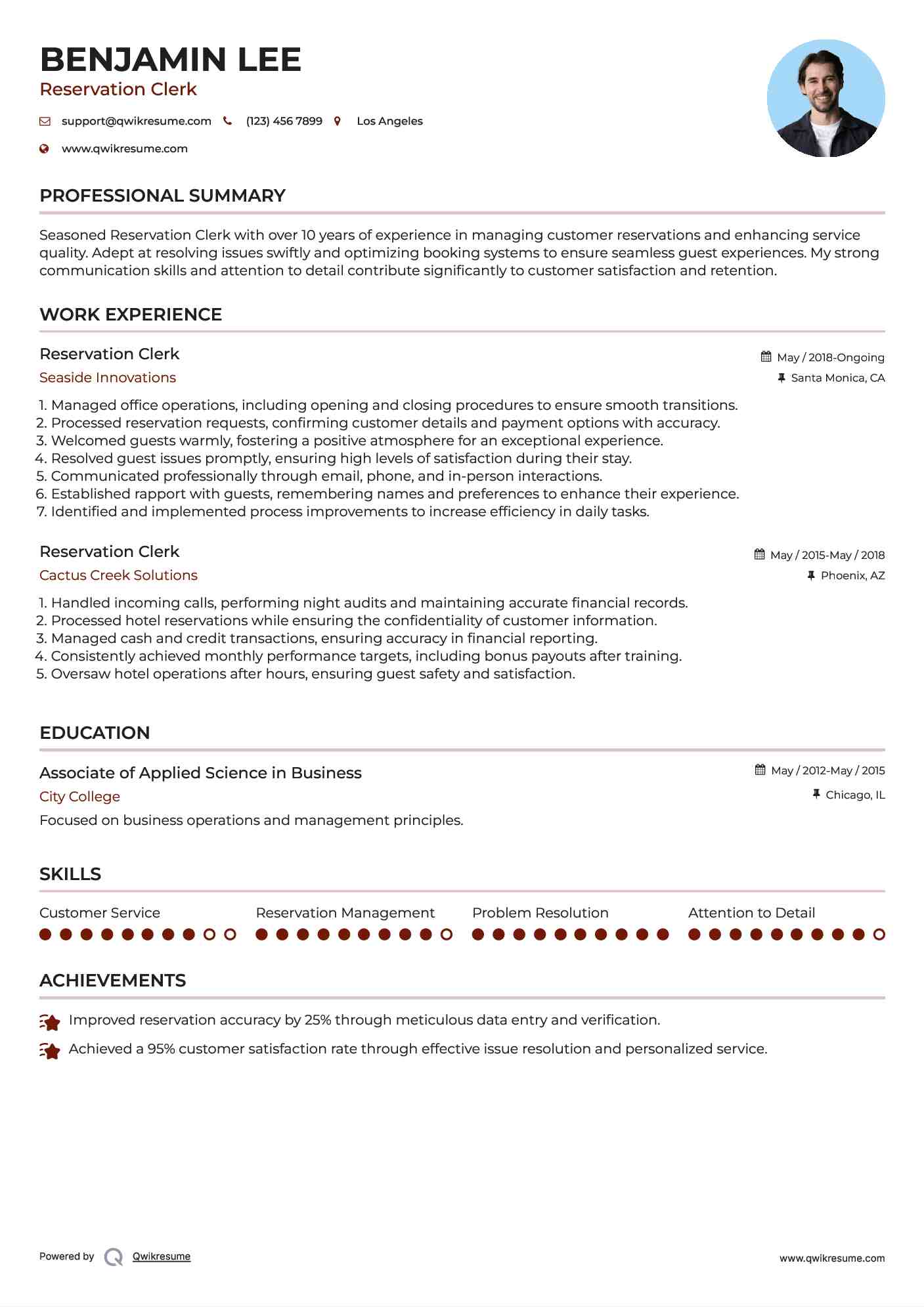 Reservation Clerk Resume Example