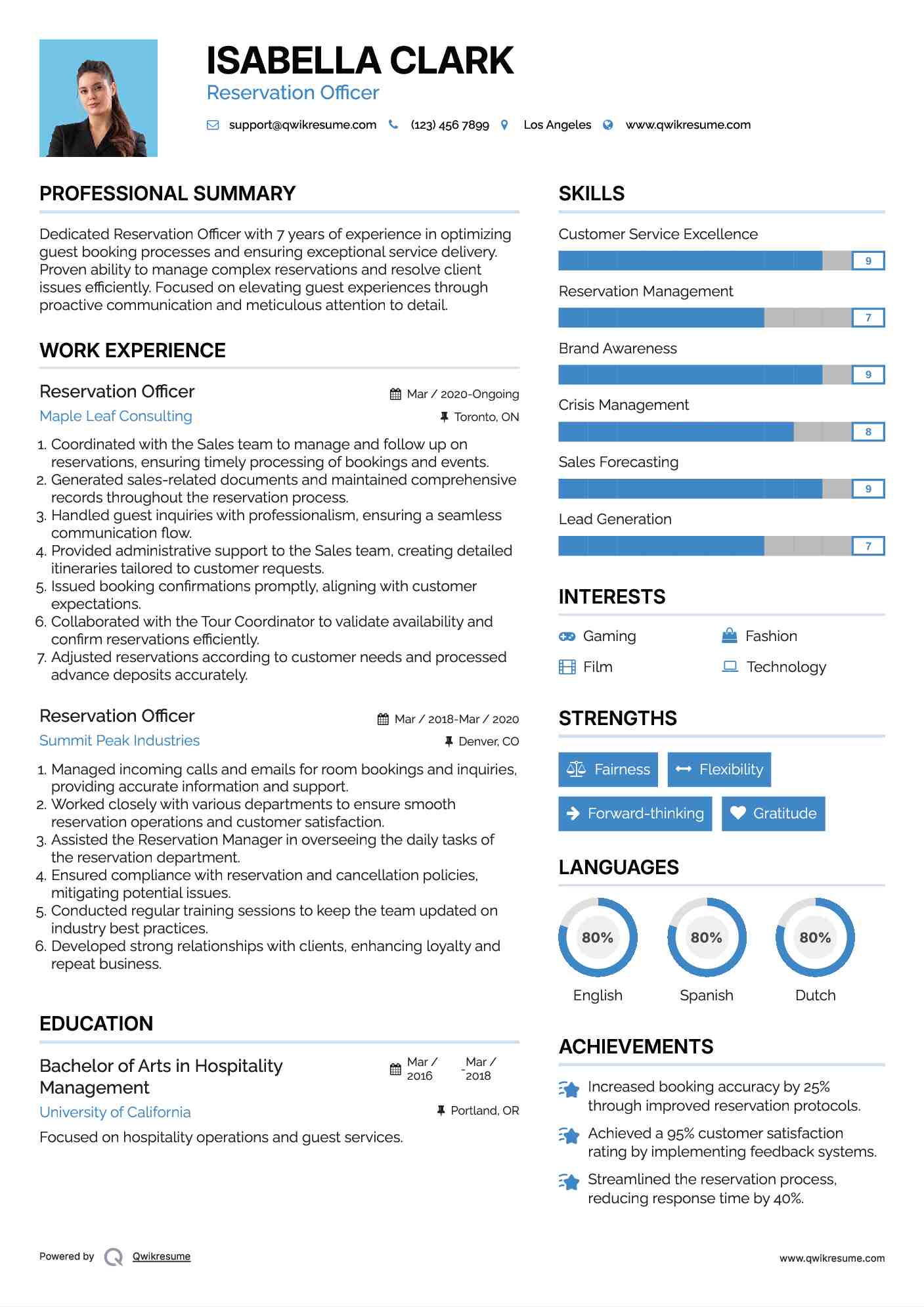 Reservation Officer Resume Model