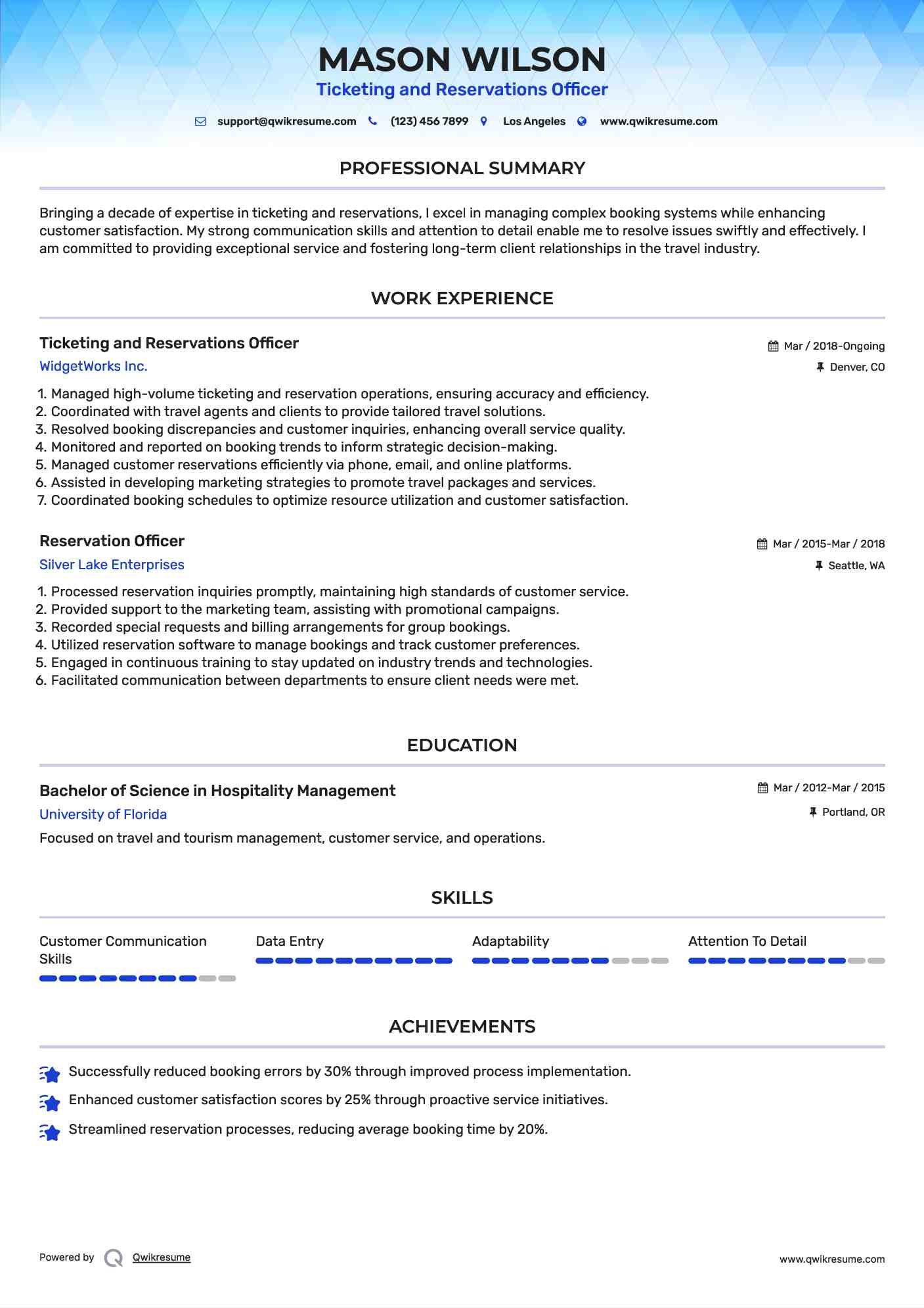 Ticketing and Reservations Officer
 Resume Sample