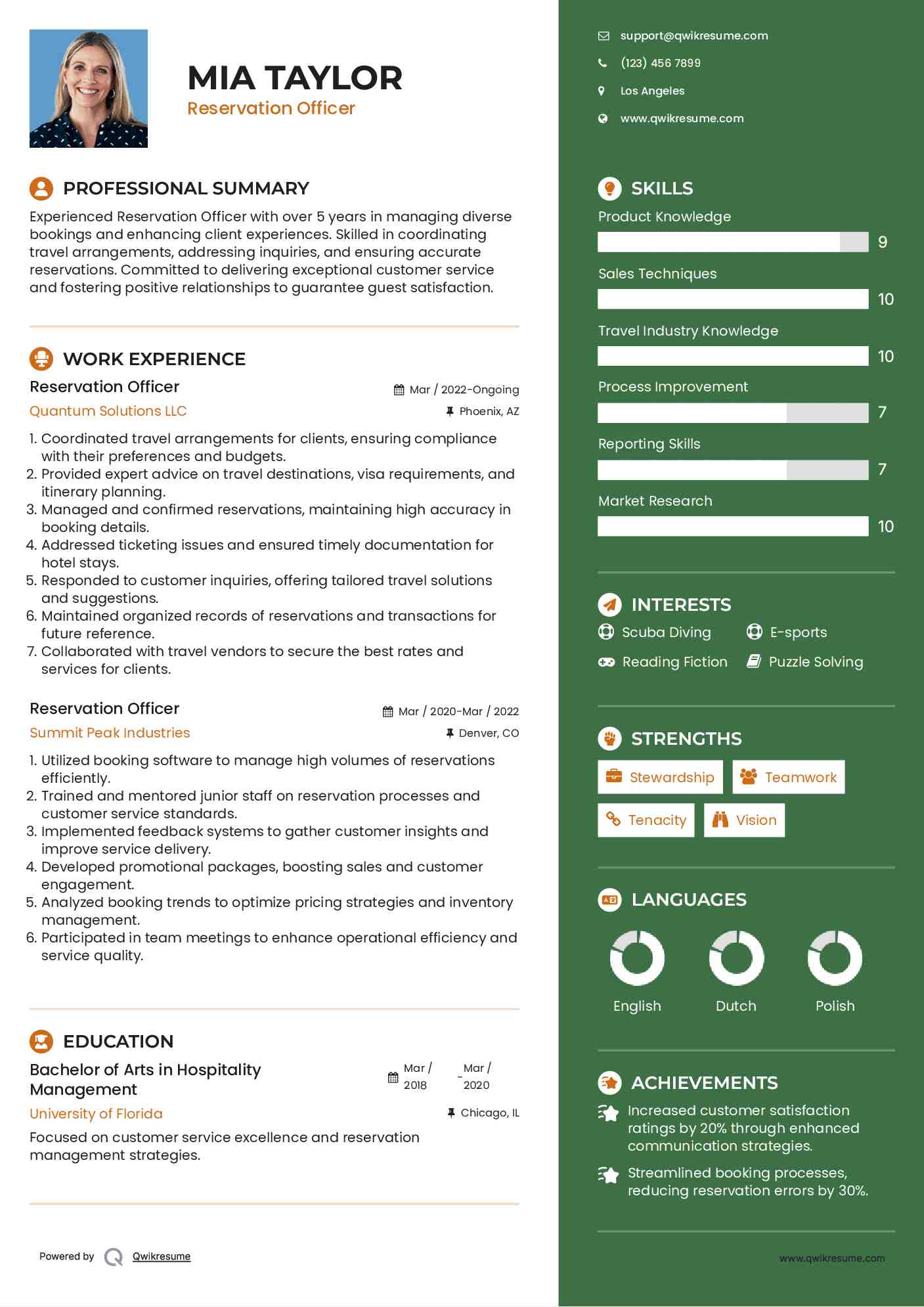 Reservation Officer Resume Template