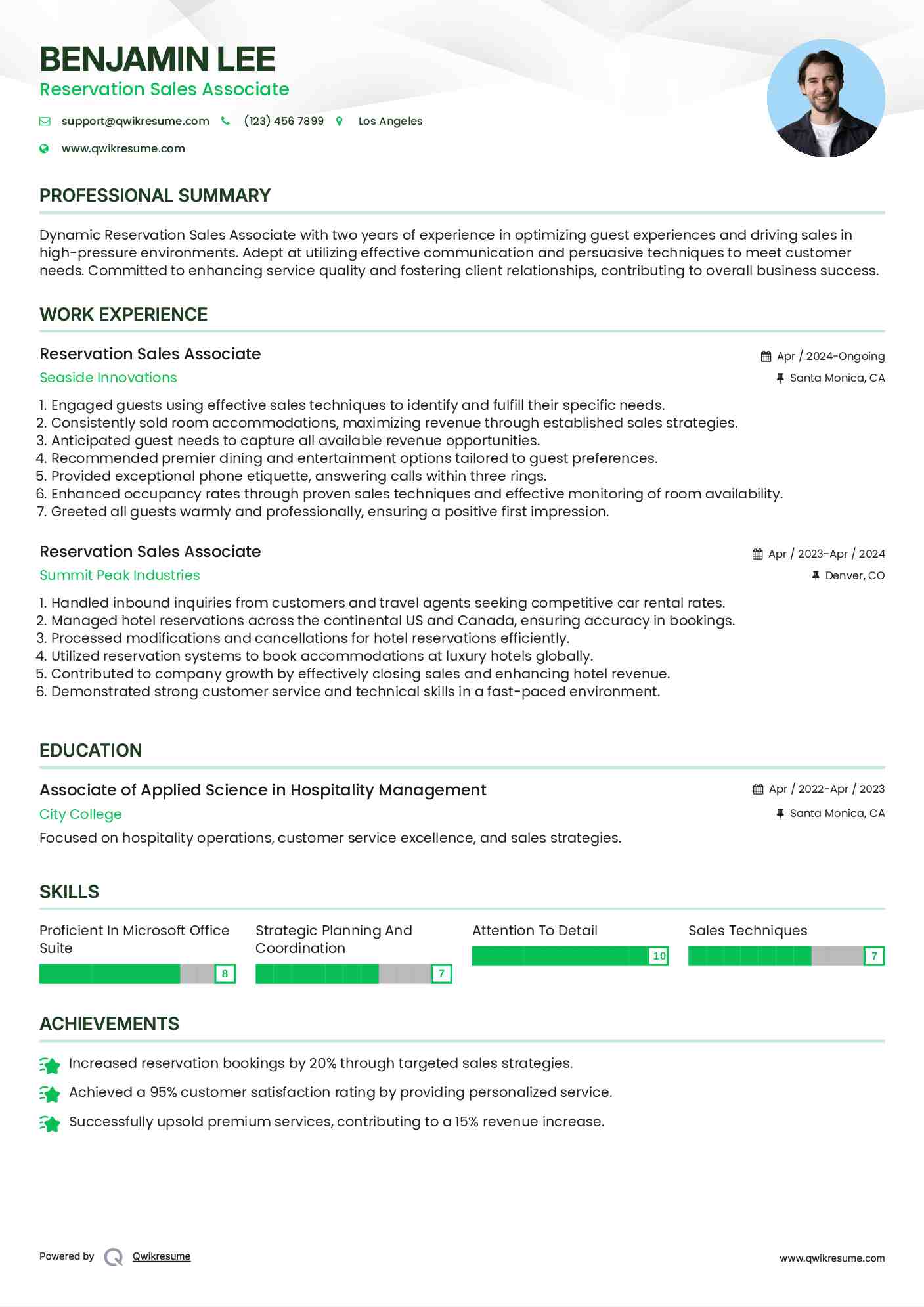 Reservation Sales Associate Resume Model