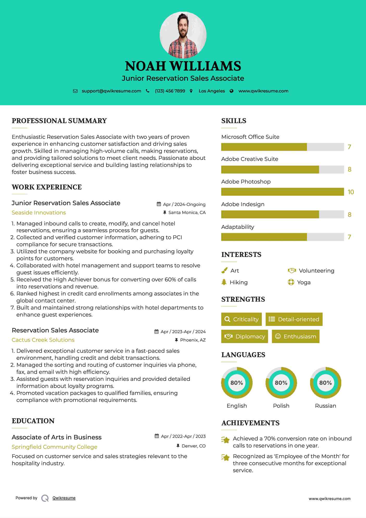 Junior Reservation Sales Associate Resume Example