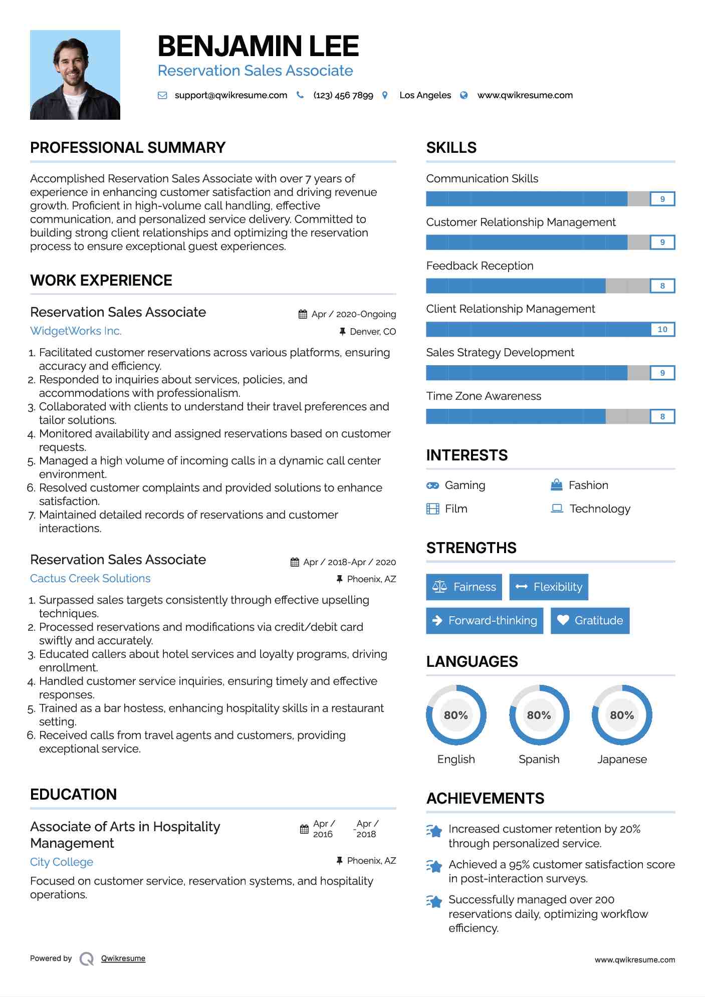 Reservation Sales Associate Resume Sample