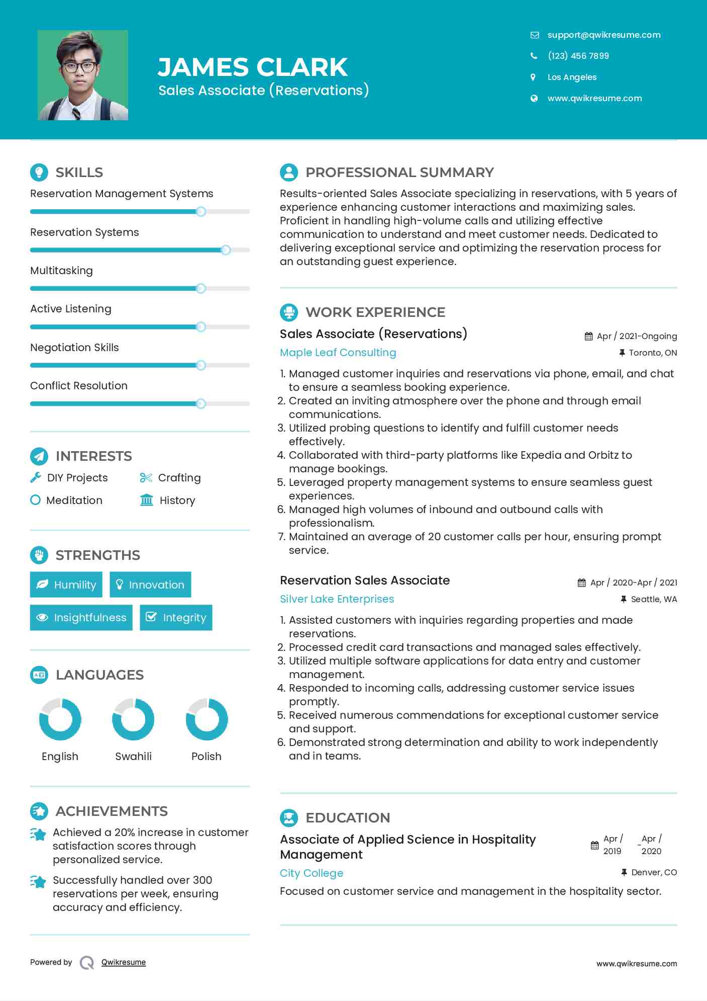 Sales Associate (Reservations) Resume Format