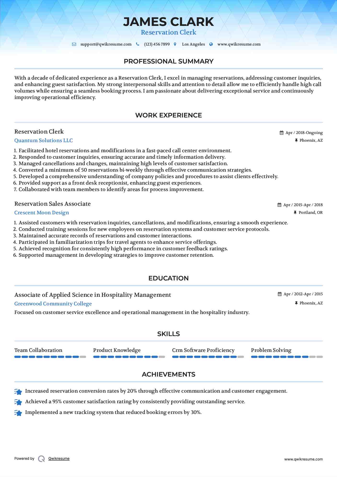 Reservation Clerk Resume Example