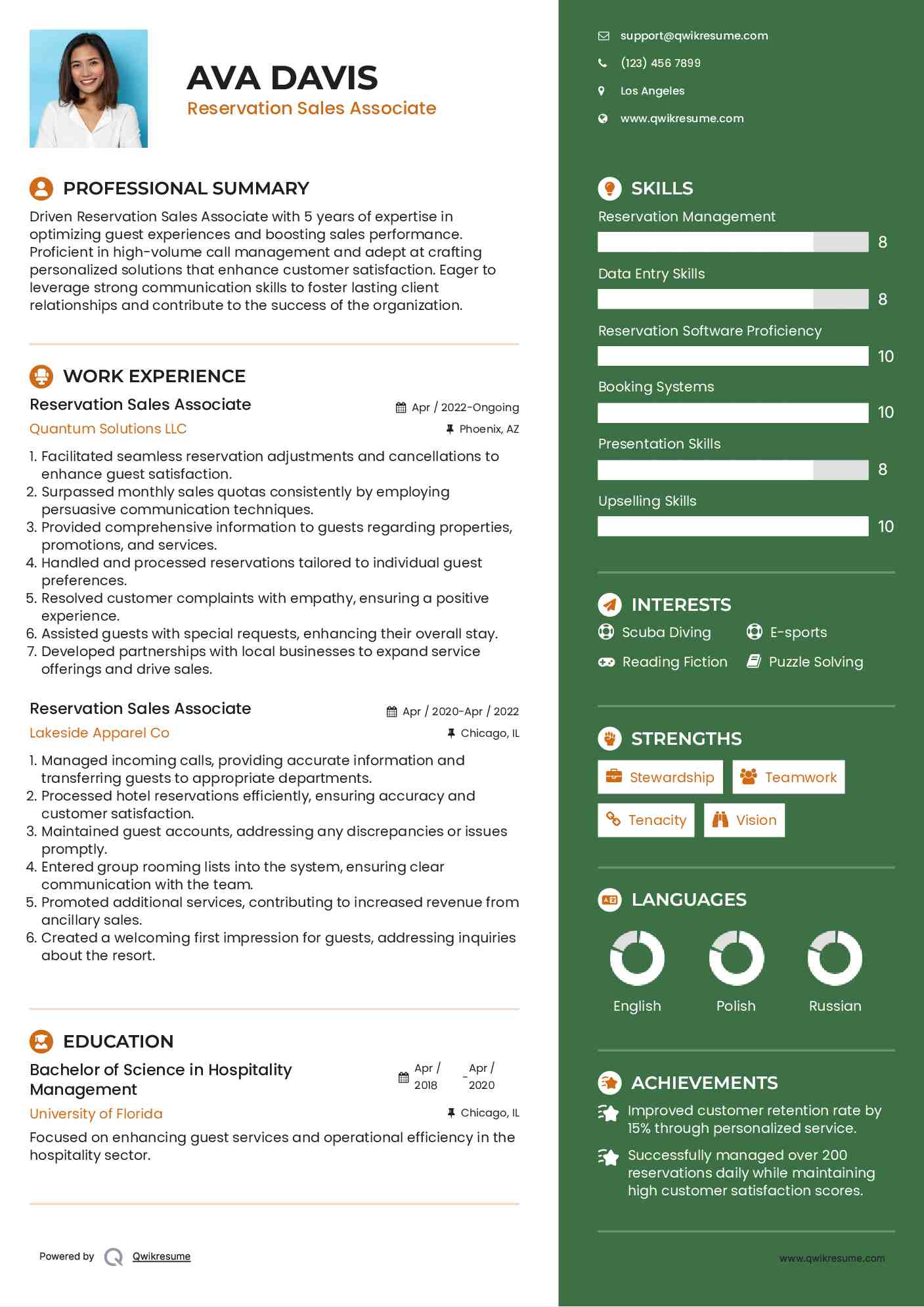 Reservation Sales Associate Resume Template