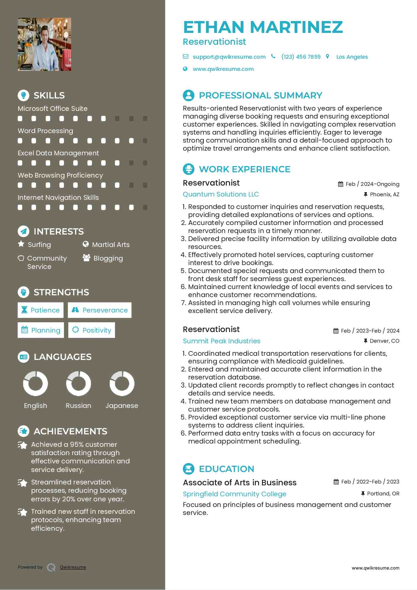 Reservationist Resume Format