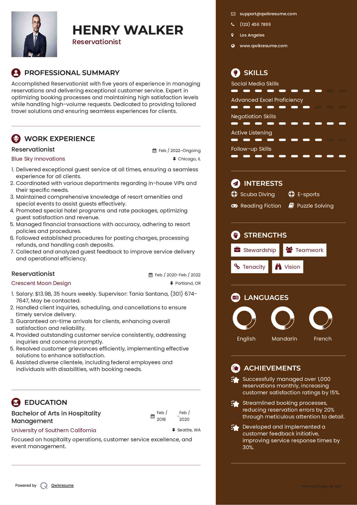 Reservationist Resume Samples QwikResume