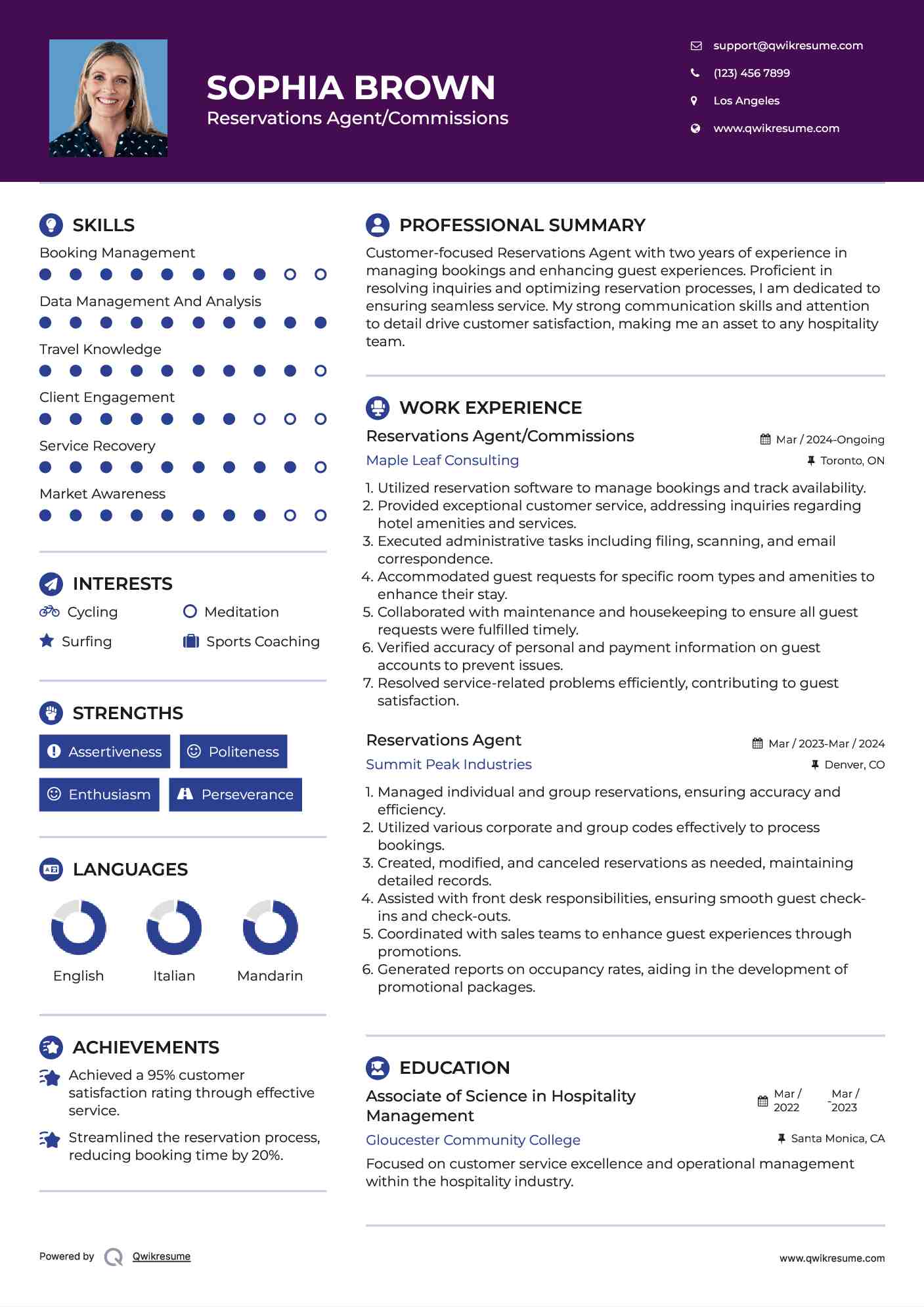 Reservations Agent/Commissions Resume Example