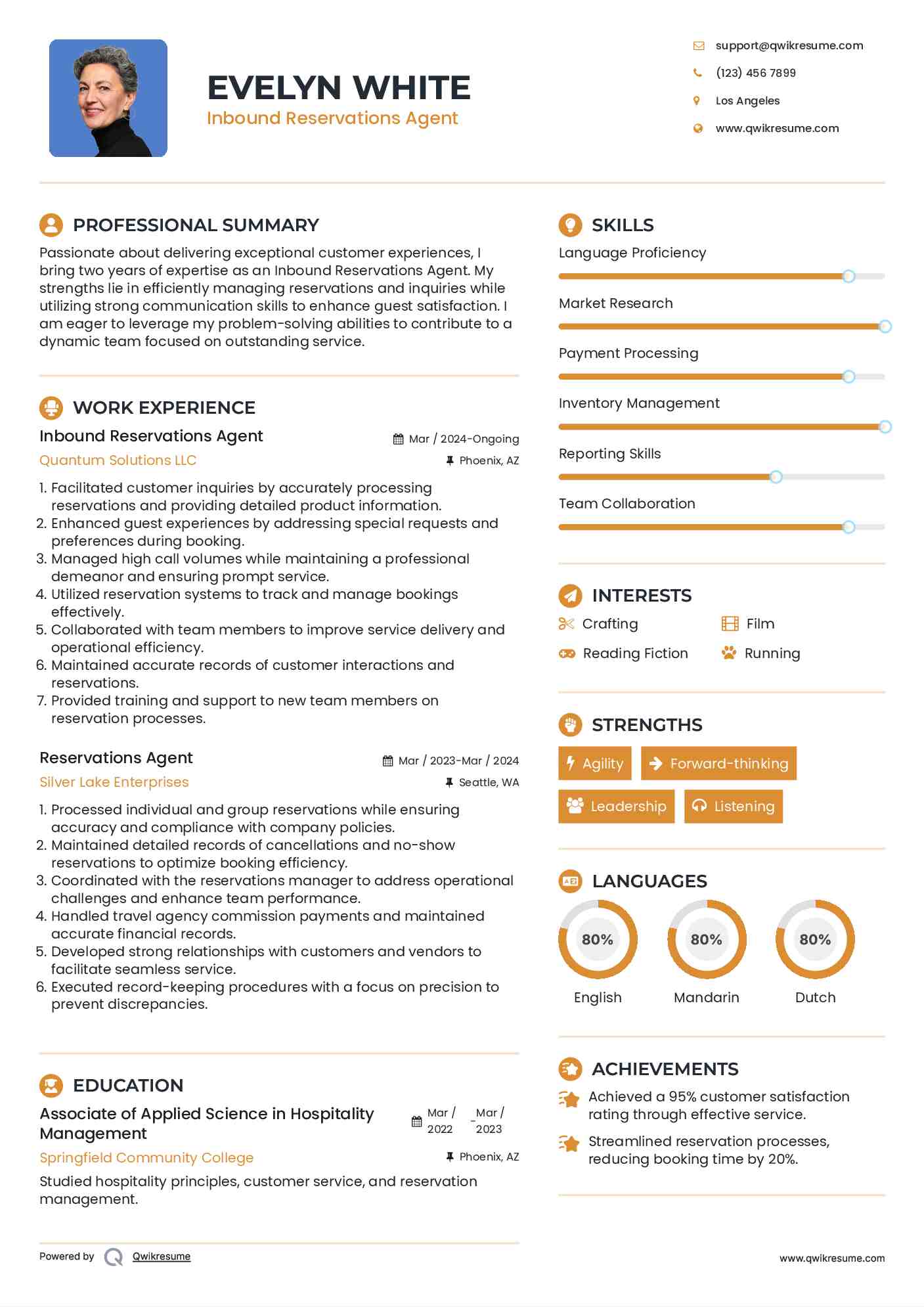 Inbound Reservations Agent Resume Example