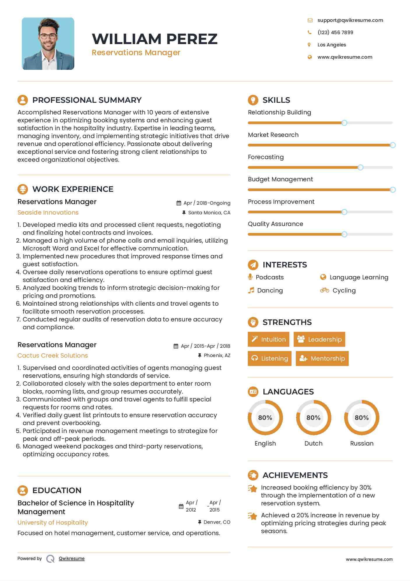 Reservations Manager Resume Template
