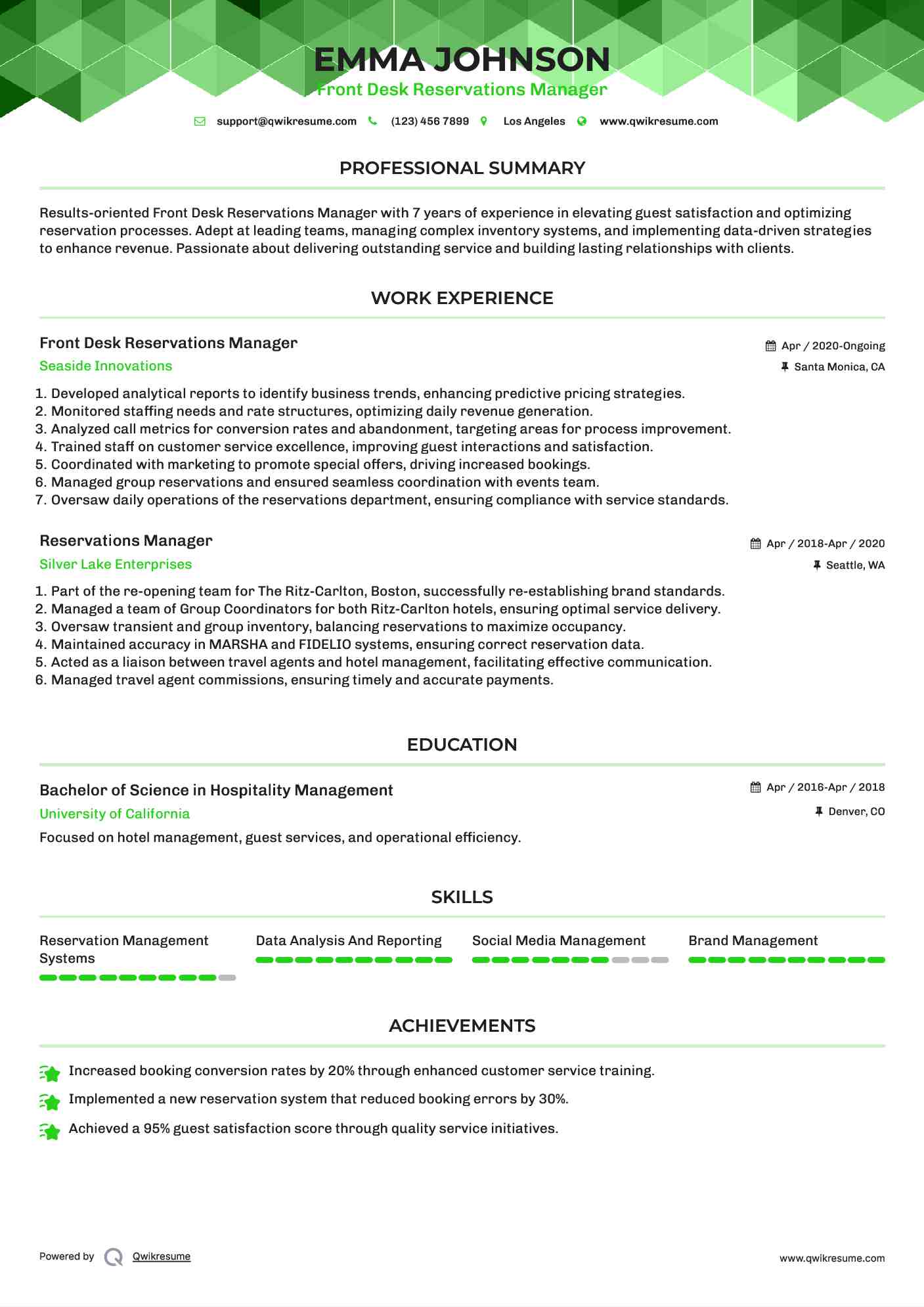 Front Desk Reservations Manager Resume Model