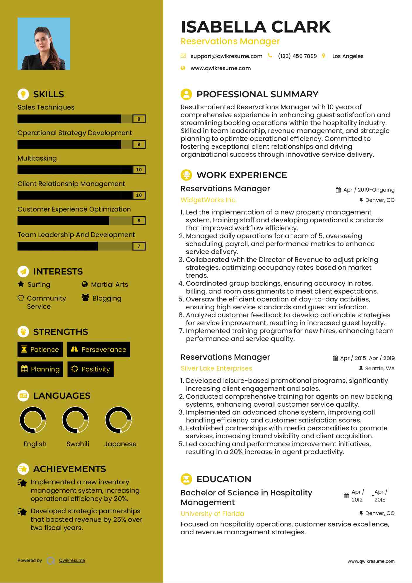 Reservations Manager Resume Template
