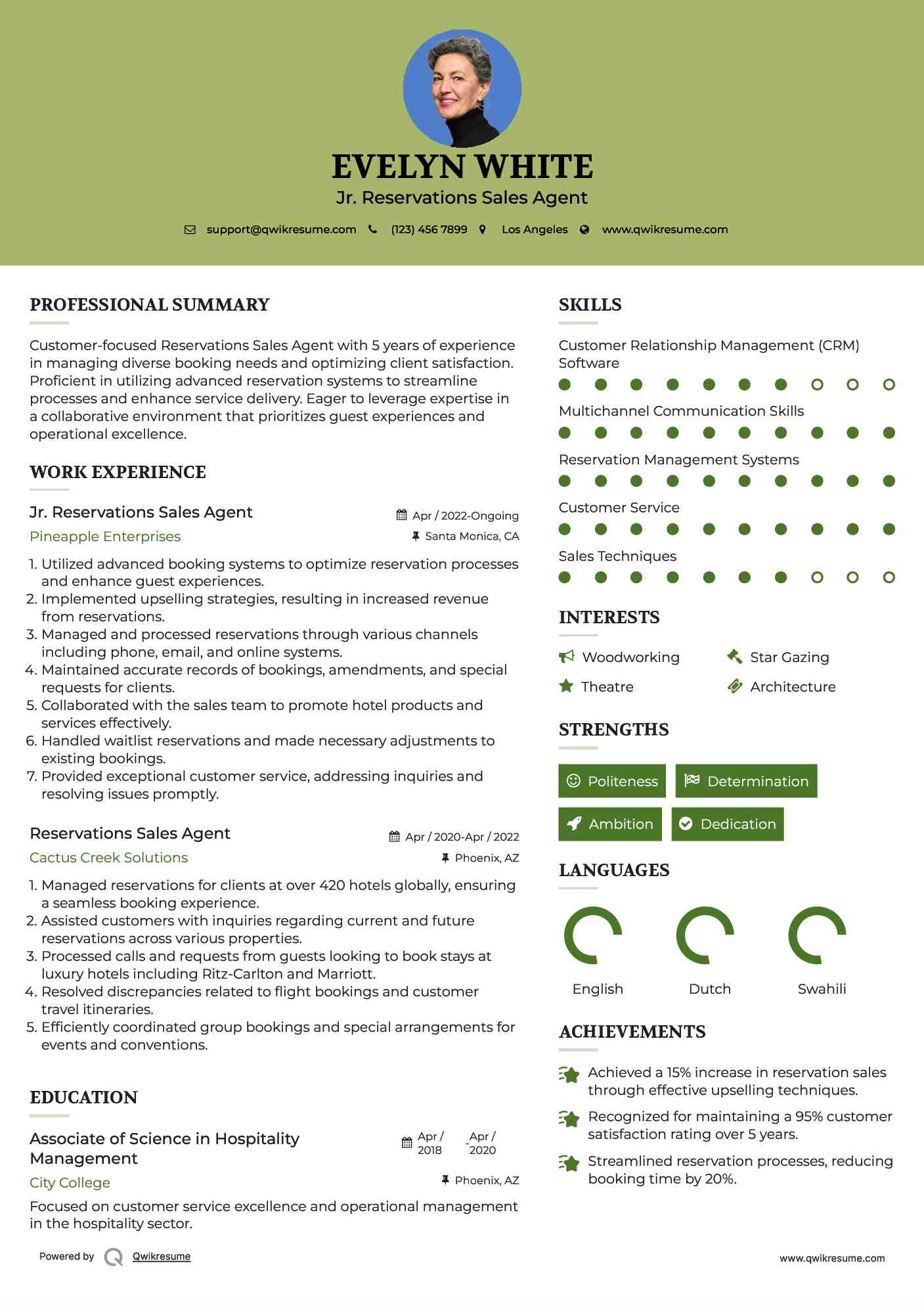 Jr. Reservations Sales Agent Resume Example