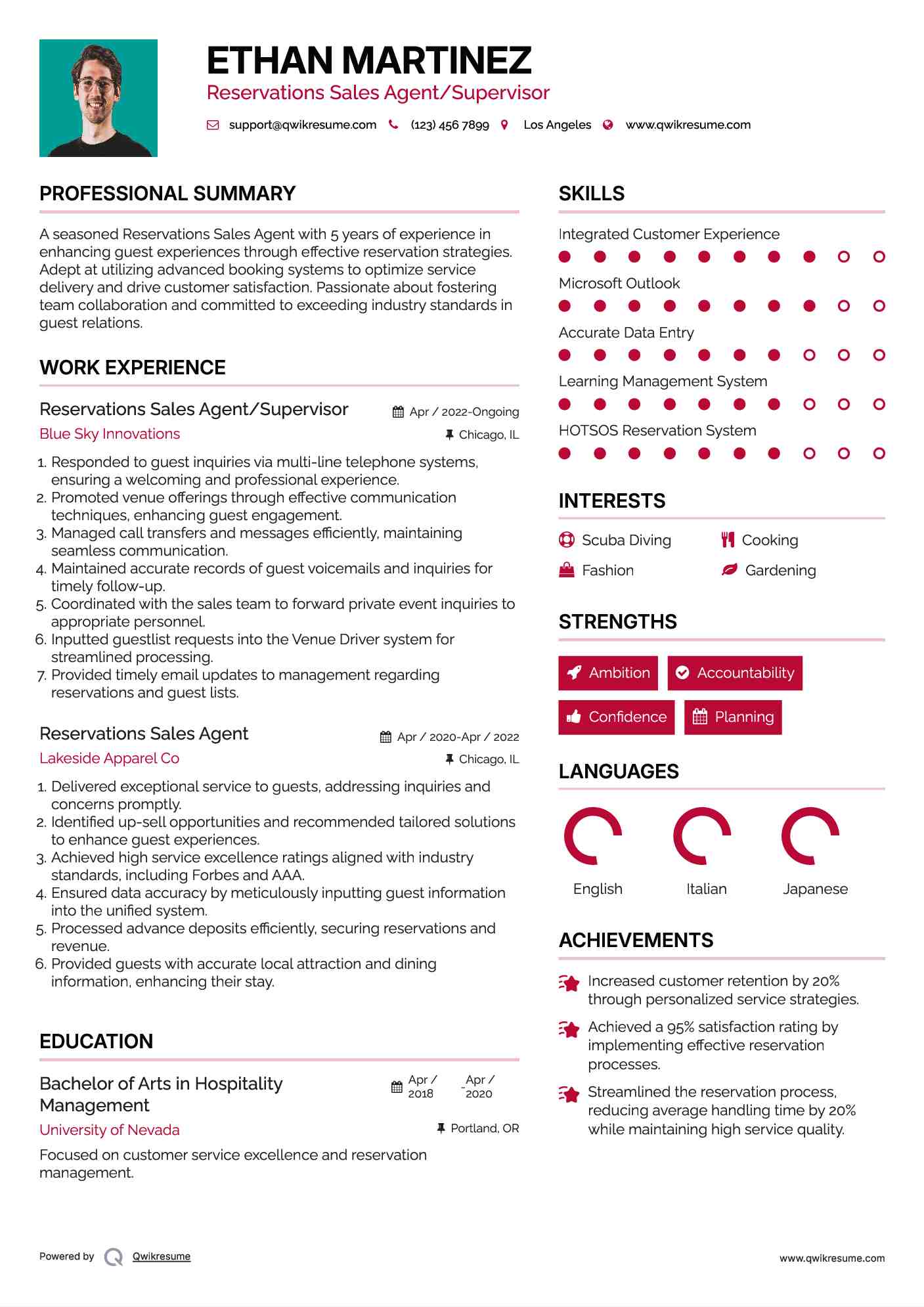 Reservations Sales Agent/Supervisor Resume Model