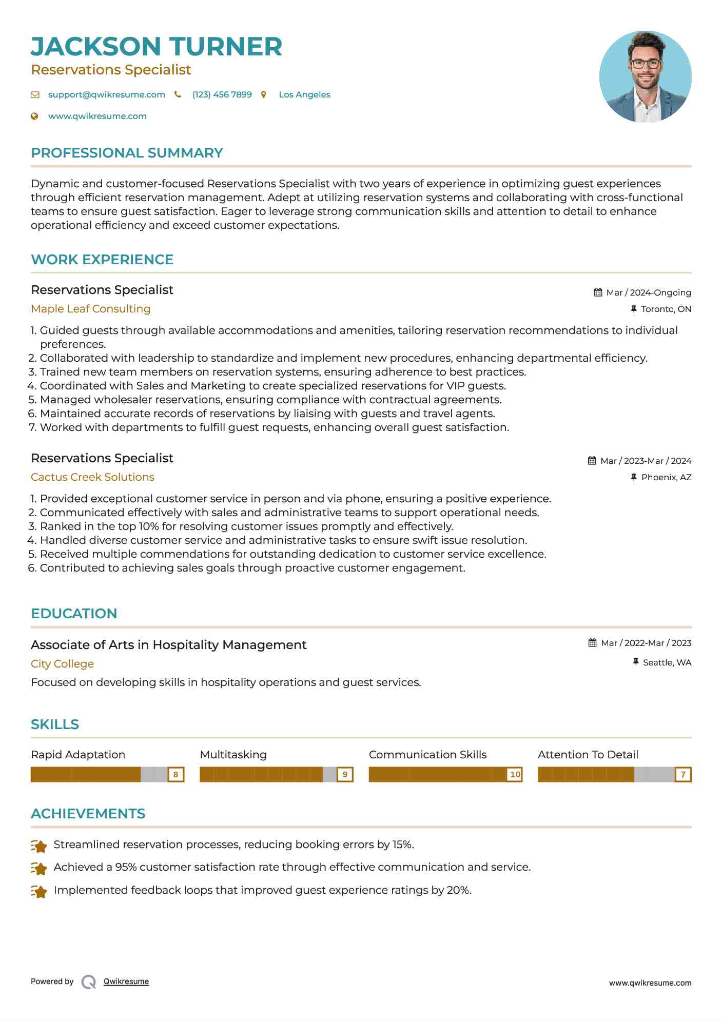 Reservations Specialist Resume Format