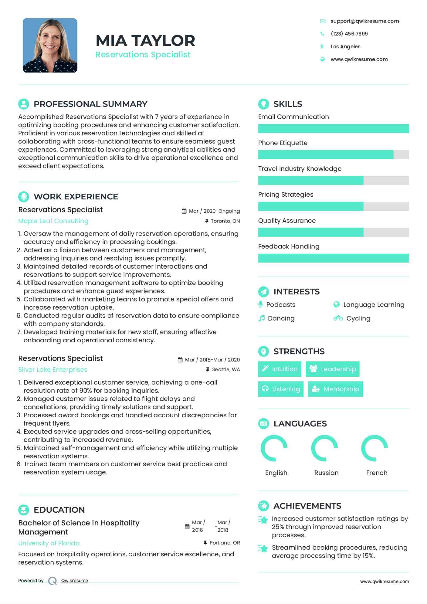 Reservations Specialist Resume Sample