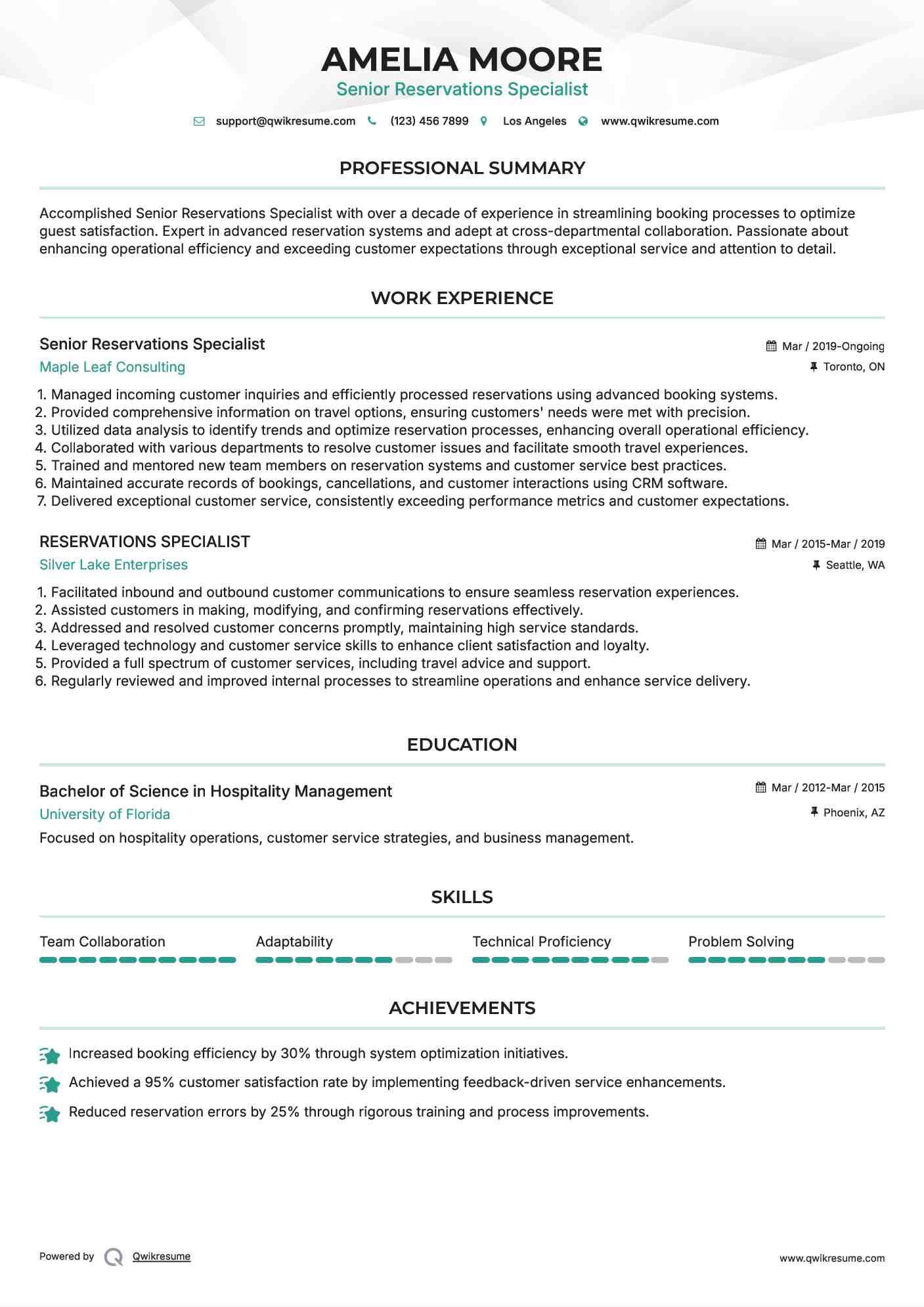 Senior Reservations Specialist Resume Example