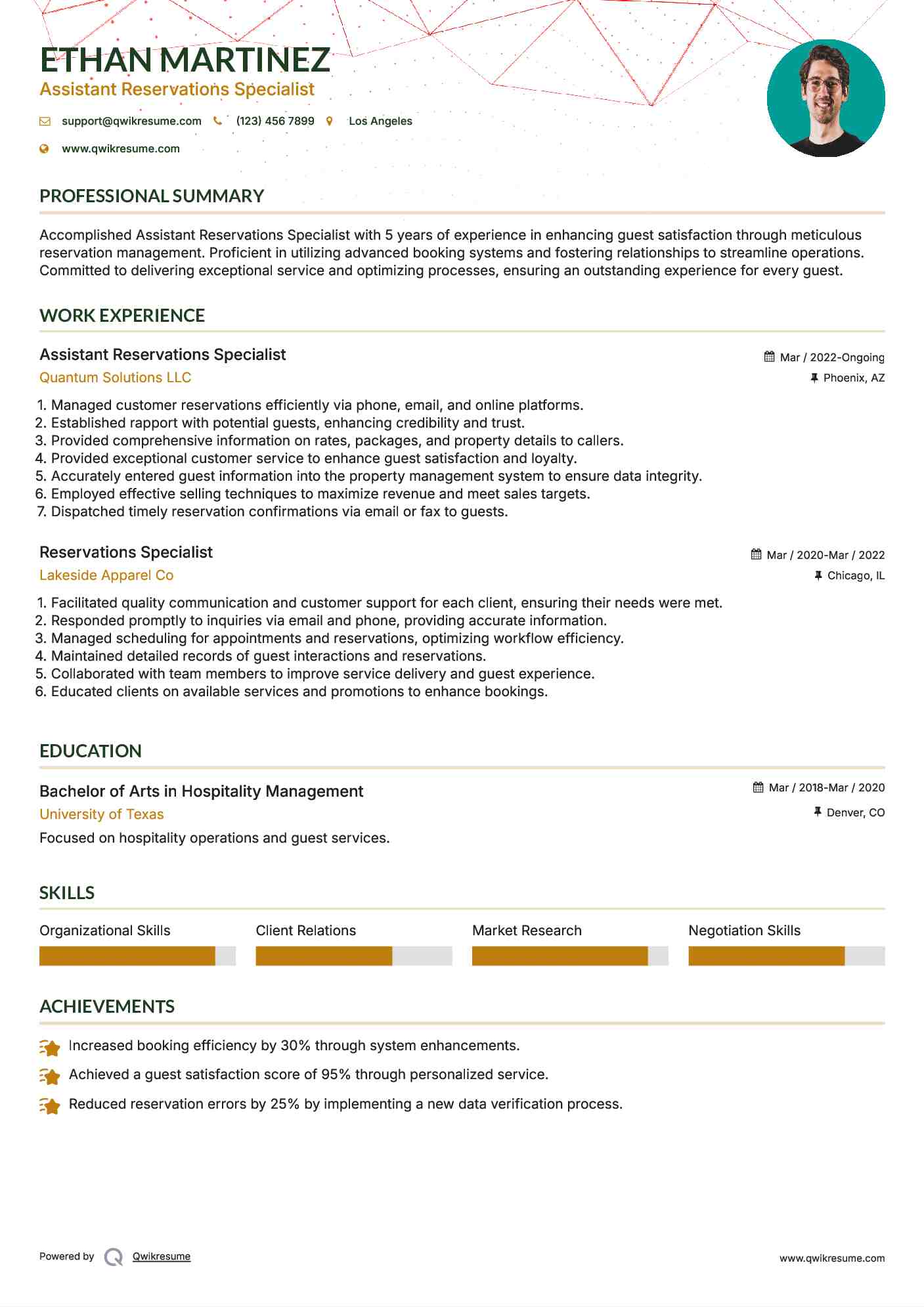 Assistant Reservations Specialist Resume Template