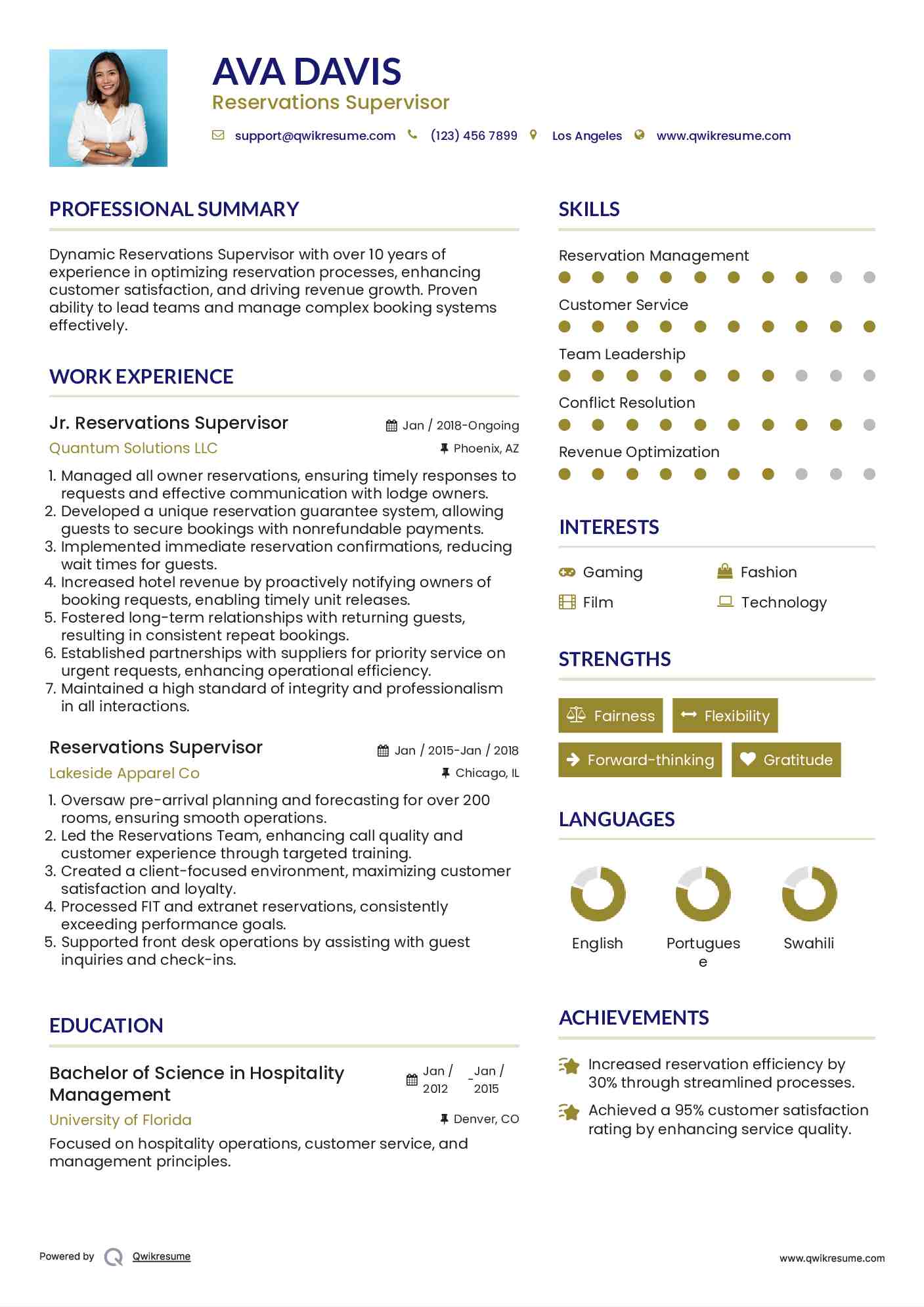 Jr. Reservations Supervisor Resume Sample