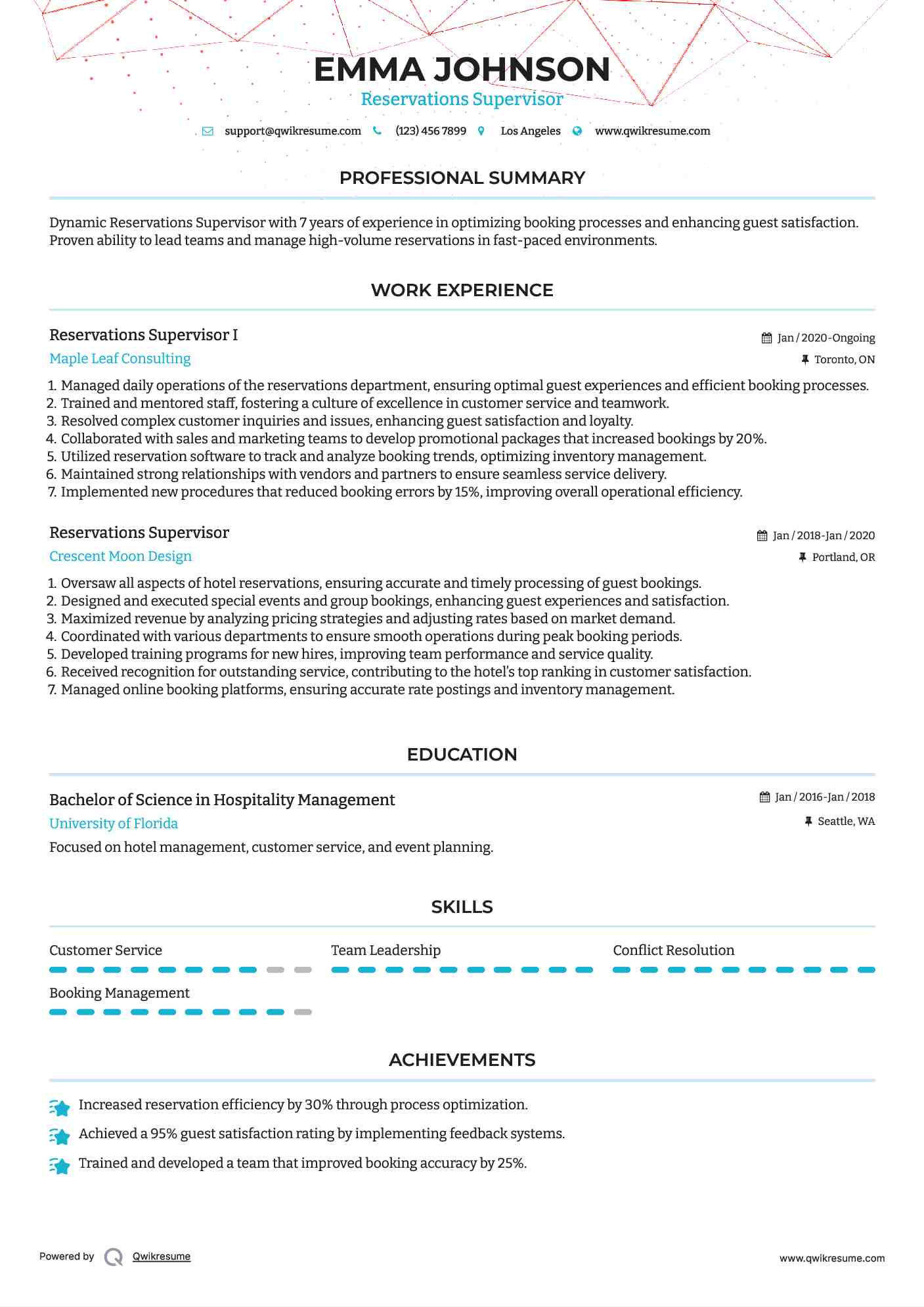 Reservations Supervisor I Resume Format