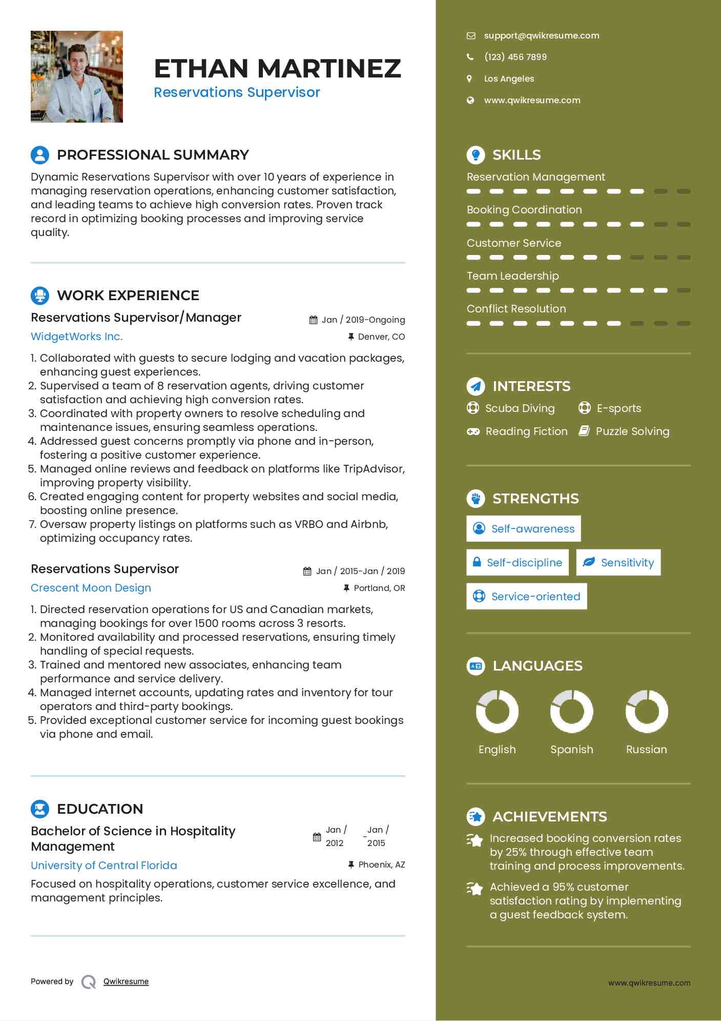 Reservations Supervisor/Manager Resume Format
