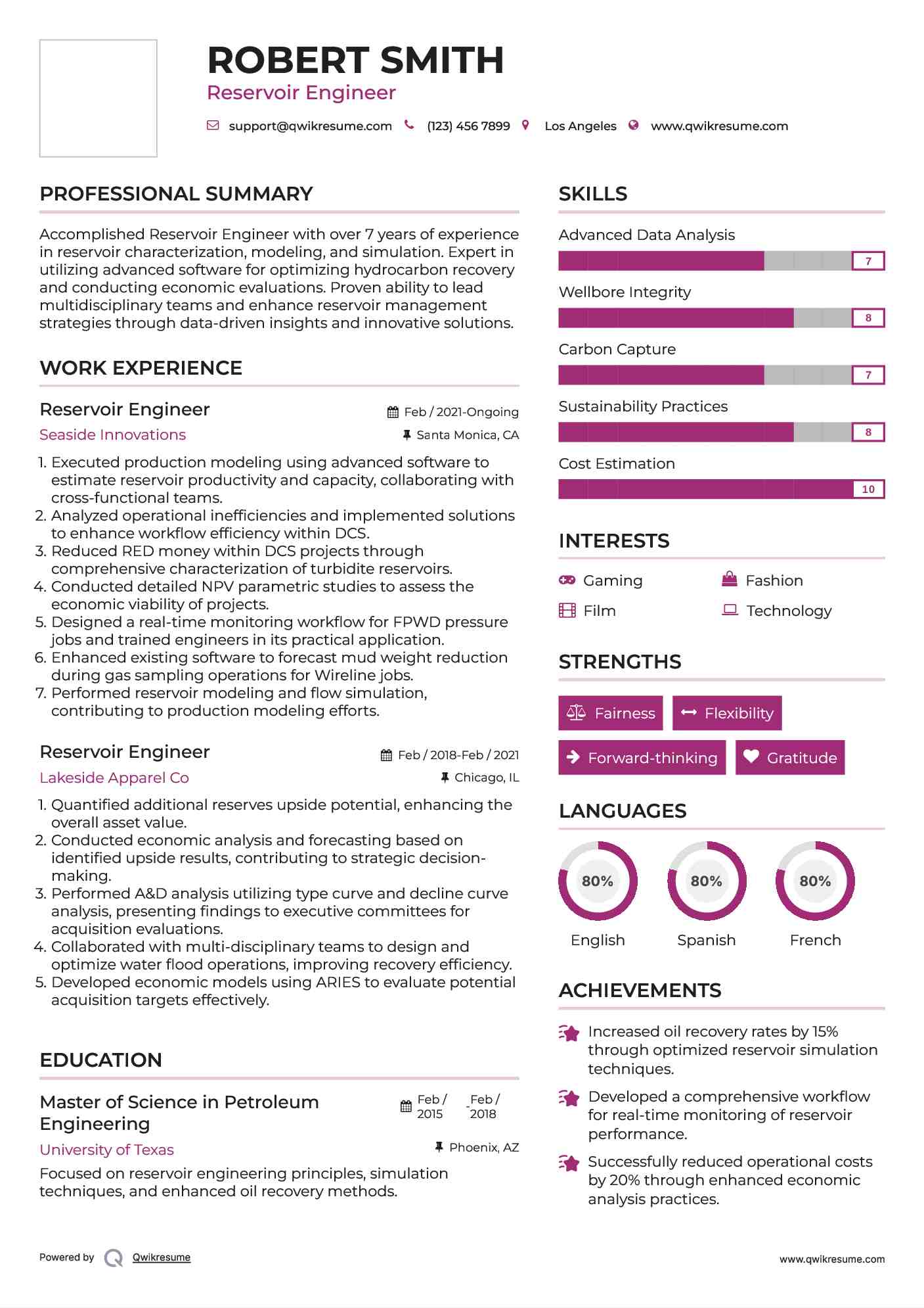 Reservoir Engineer Resume Template