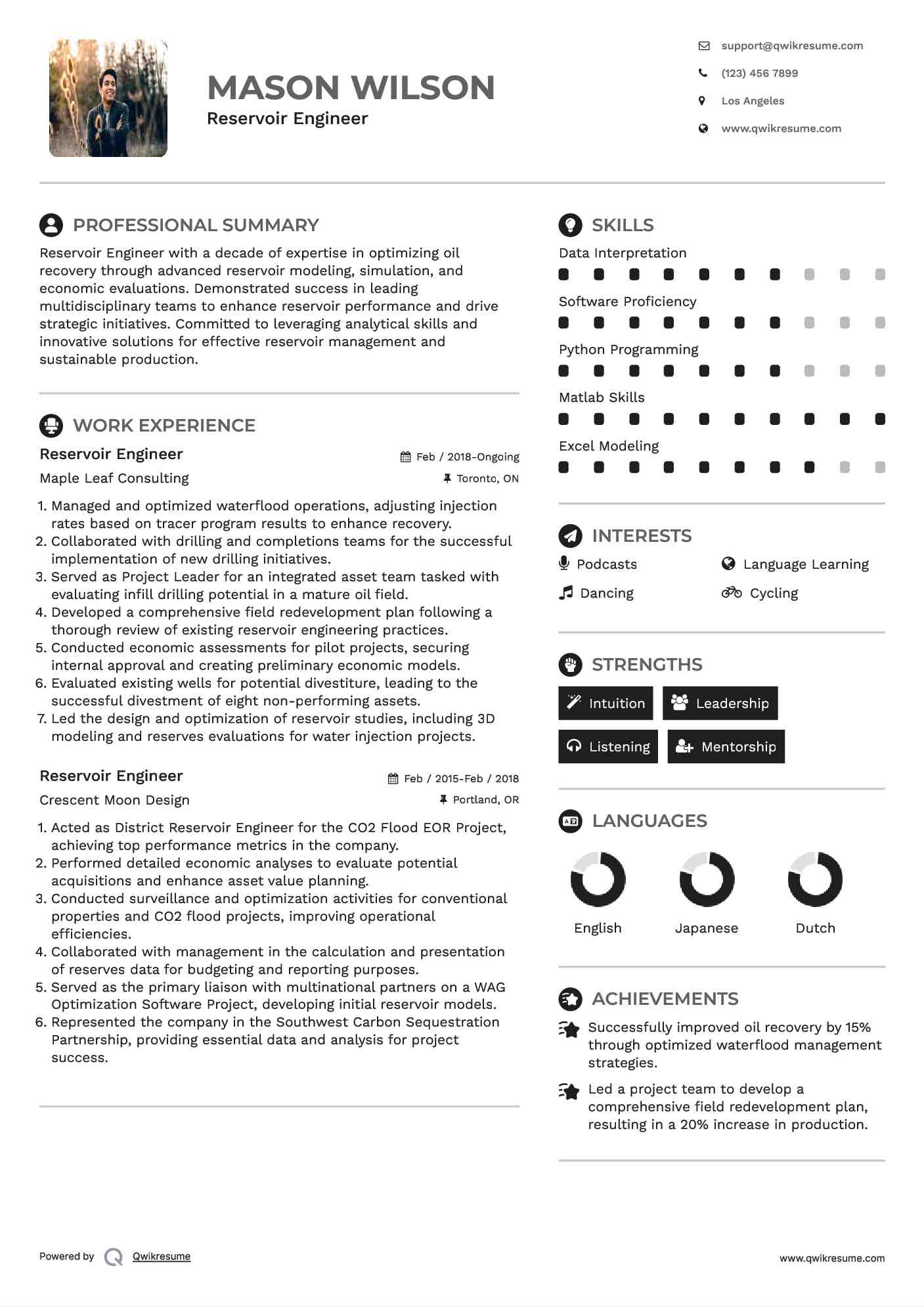 Reservoir Engineer Resume Format