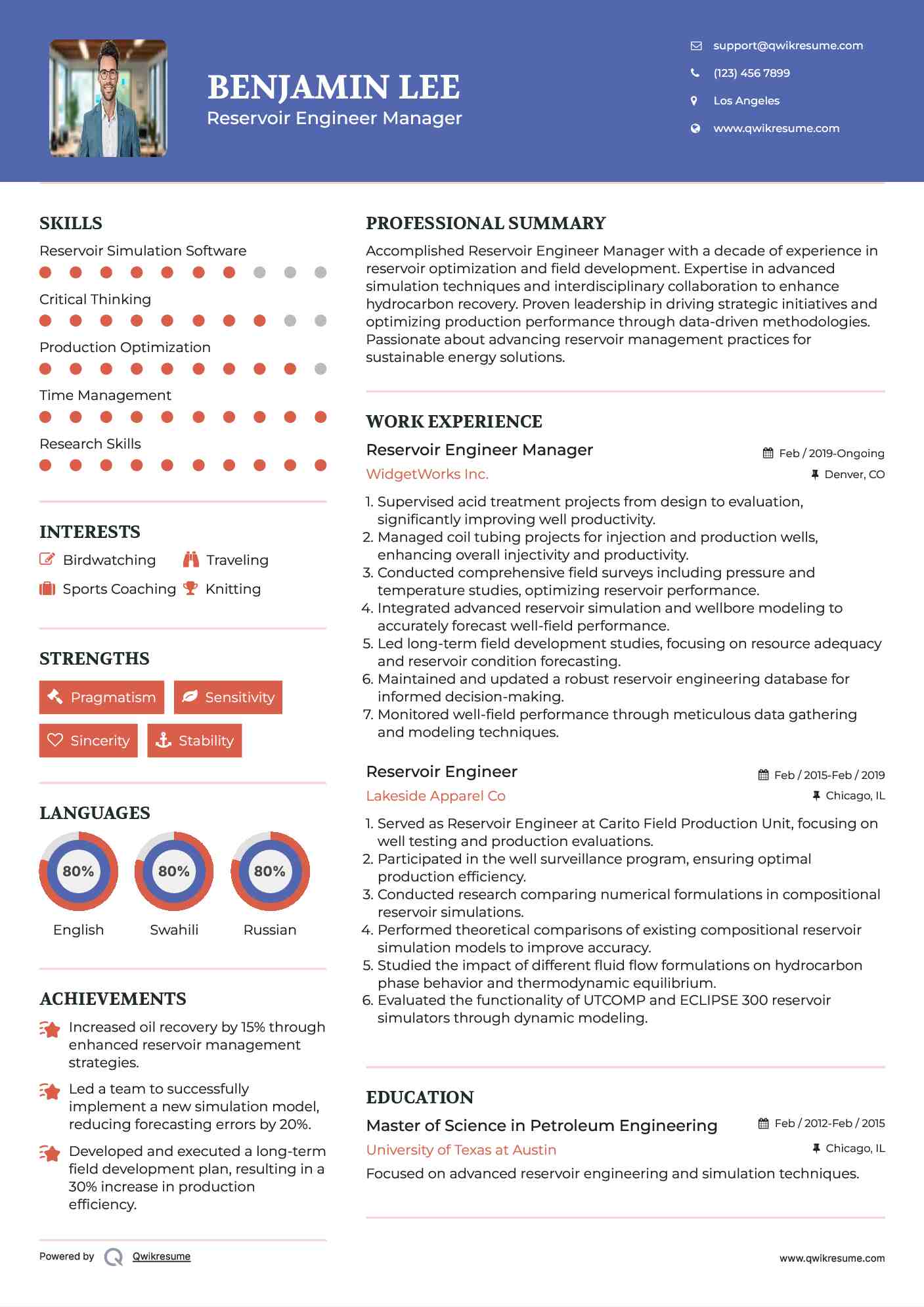 Reservoir Engineer Manager Resume Template