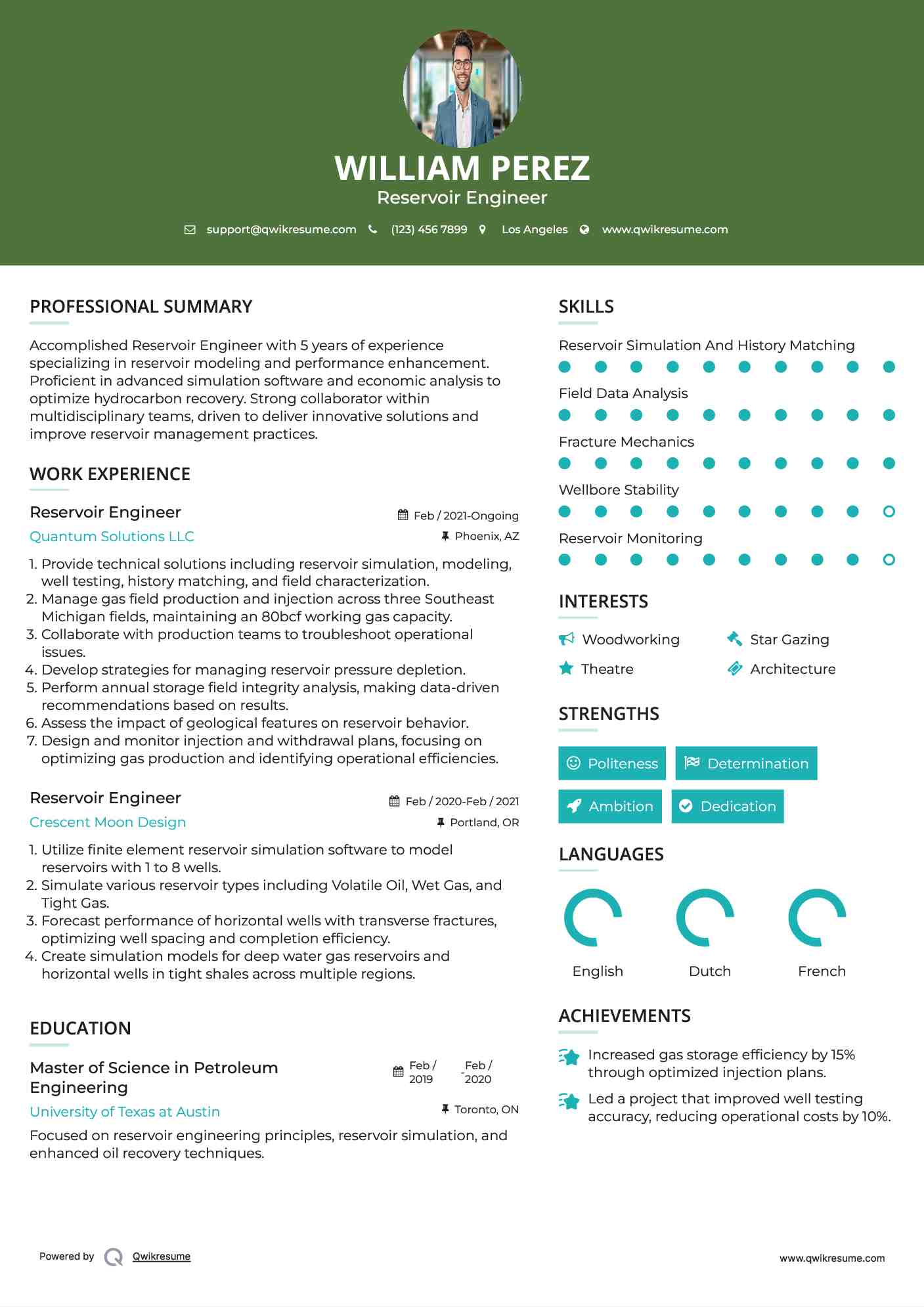 Reservoir Engineer Resume Example