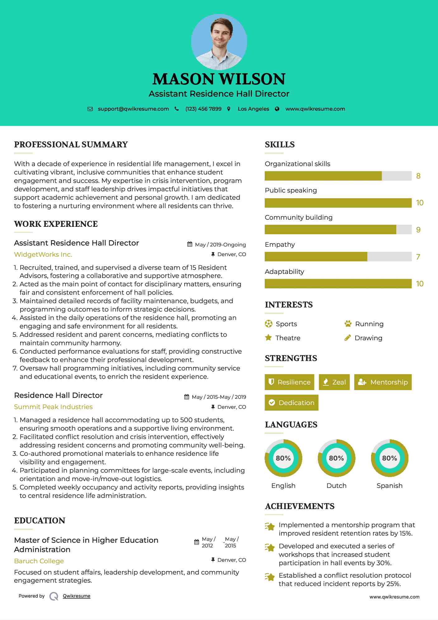 Assistant Residence Hall Director Resume Format